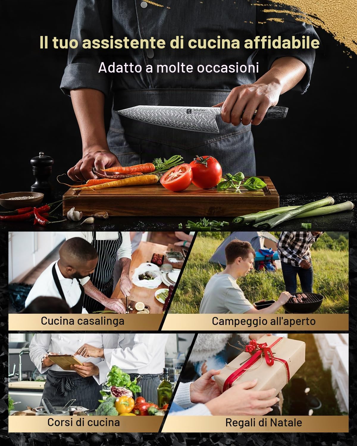 XINZUO 21,5cm Coltello da Cuoco Acciaio Damasco a 145 Strati Forgiato a Mano Professionale Coltello da Chef da Cucina -Acciaio in Polvere M390 Austriaco -Manico in Resina di Fibra di Carbonio Nera
