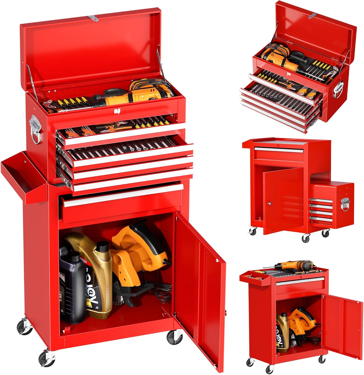 INTERGREAT Rolling Tool Chest, 5-Drawer Tool Box Organizer w/Lockable Wheels & Sliding Drawers & Detachable Top, Tool Storage Cabinet for Garage Workshop (Red)