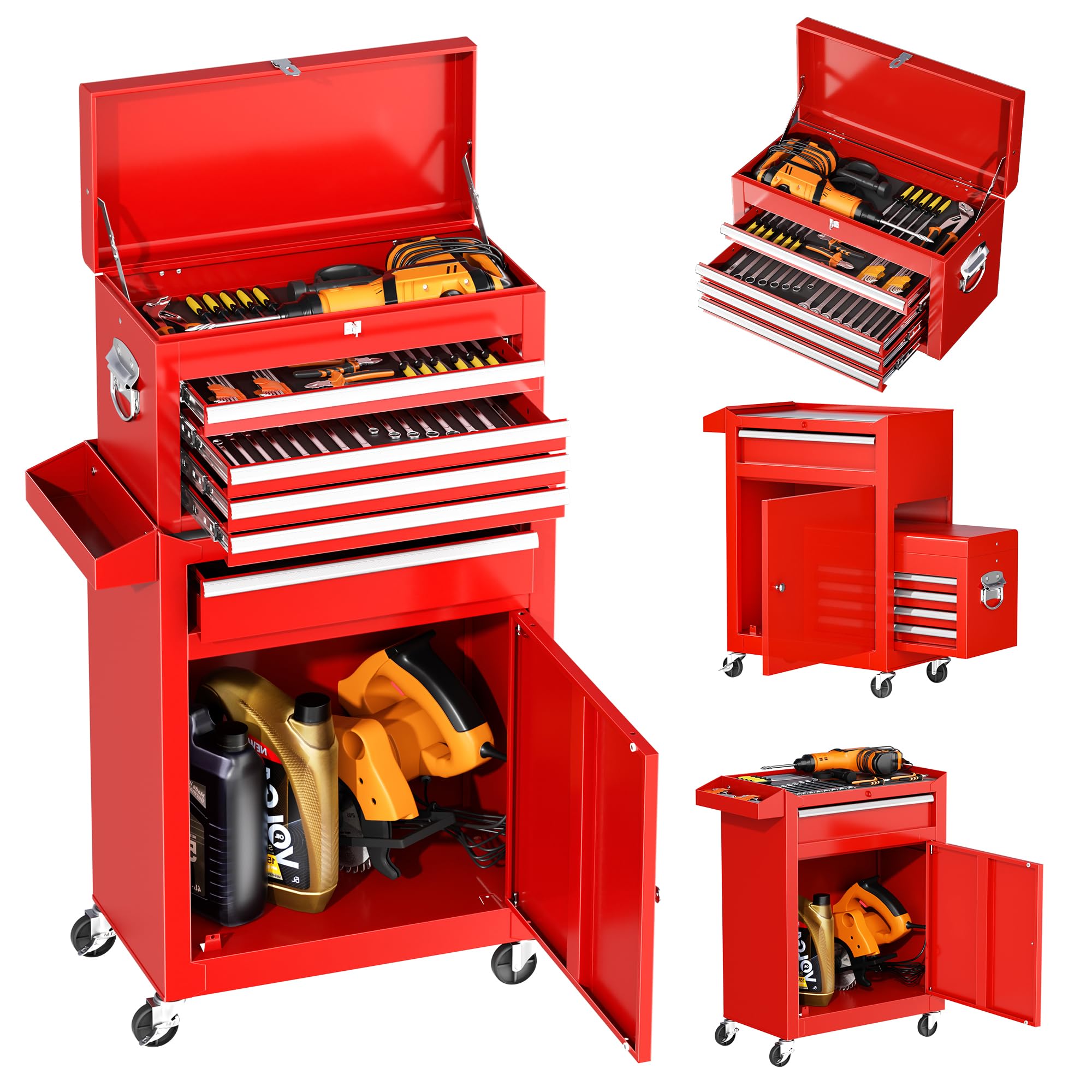 INTERGREAT Rolling Tool Chest, 5-Drawer Tool Box Organizer w/Lockable Wheels & Sliding Drawers & Detachable Top, Tool Storage Cabinet for Garage Workshop (Red)