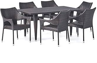 7-Piece Outdoor Dining Set – All-Weather Wicker Patio Dining Table with 6 Stackable Chairs – Durable & Elegant Garden Furniture for Balcony, Terrace, or Backyard (6 Chair 1 Table)