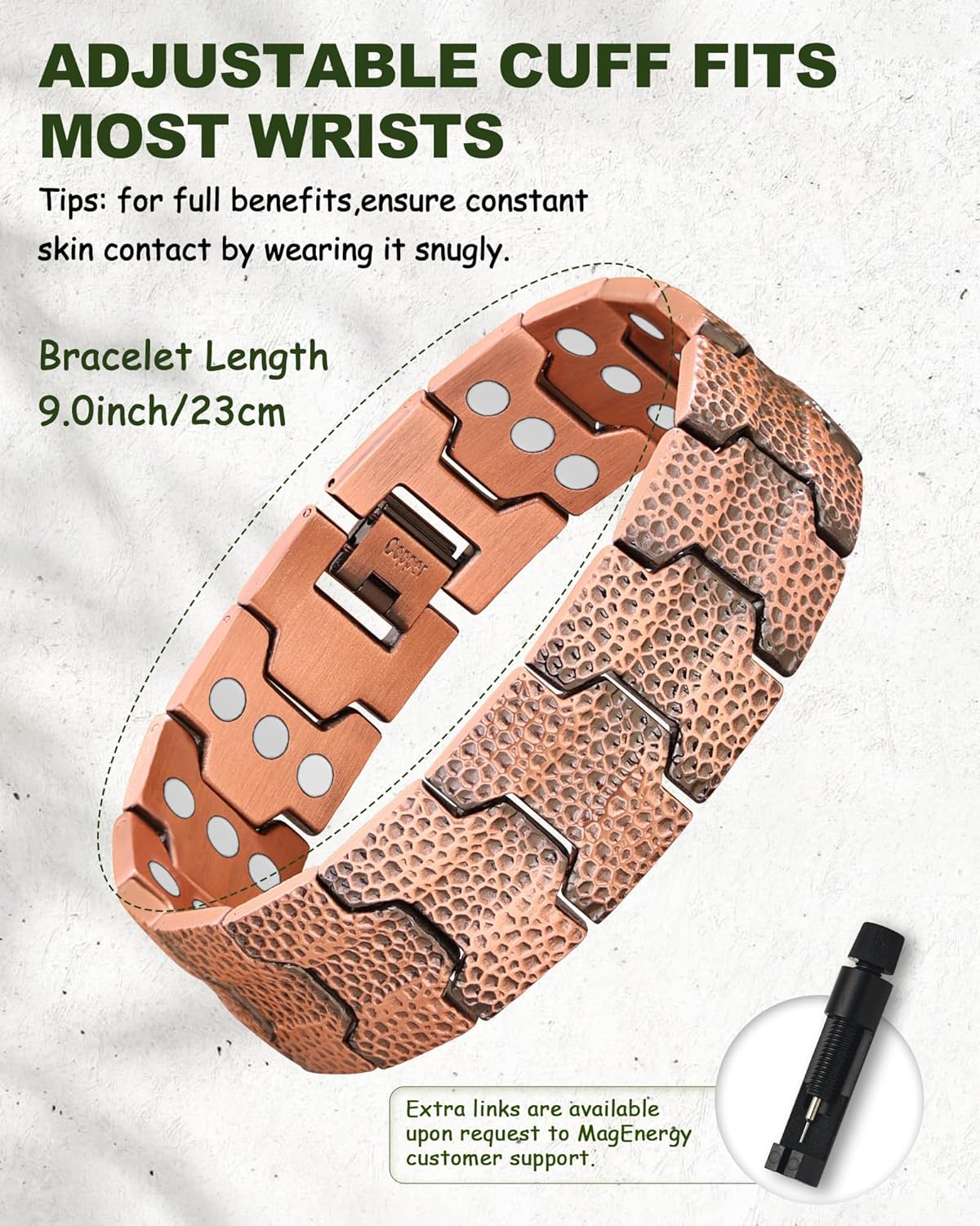 MagEnergy Copper Bracelet for Men, 3X Strength Magnetic Bracelet with 3800 Gauss Magnets, Hammered Design&Patent Pending, Adjustable Length with Sizing Tool - Image 6