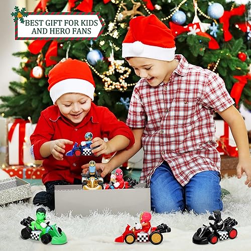 Miniatura 6 de 6 unidades de Super Hero Pull Back Cars Cars Cars de juguete con figura de acción, juego de vehículos de superhéroe para niños, juego de carreras de