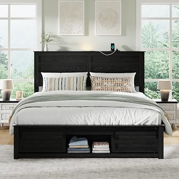 Full Size Bed Frame with Wood Headboard, Wooden Platform Bedframe with Sliding Barn Door Footboard and Charging Station Easy Assembly, No Box Spring Needed Black, Full