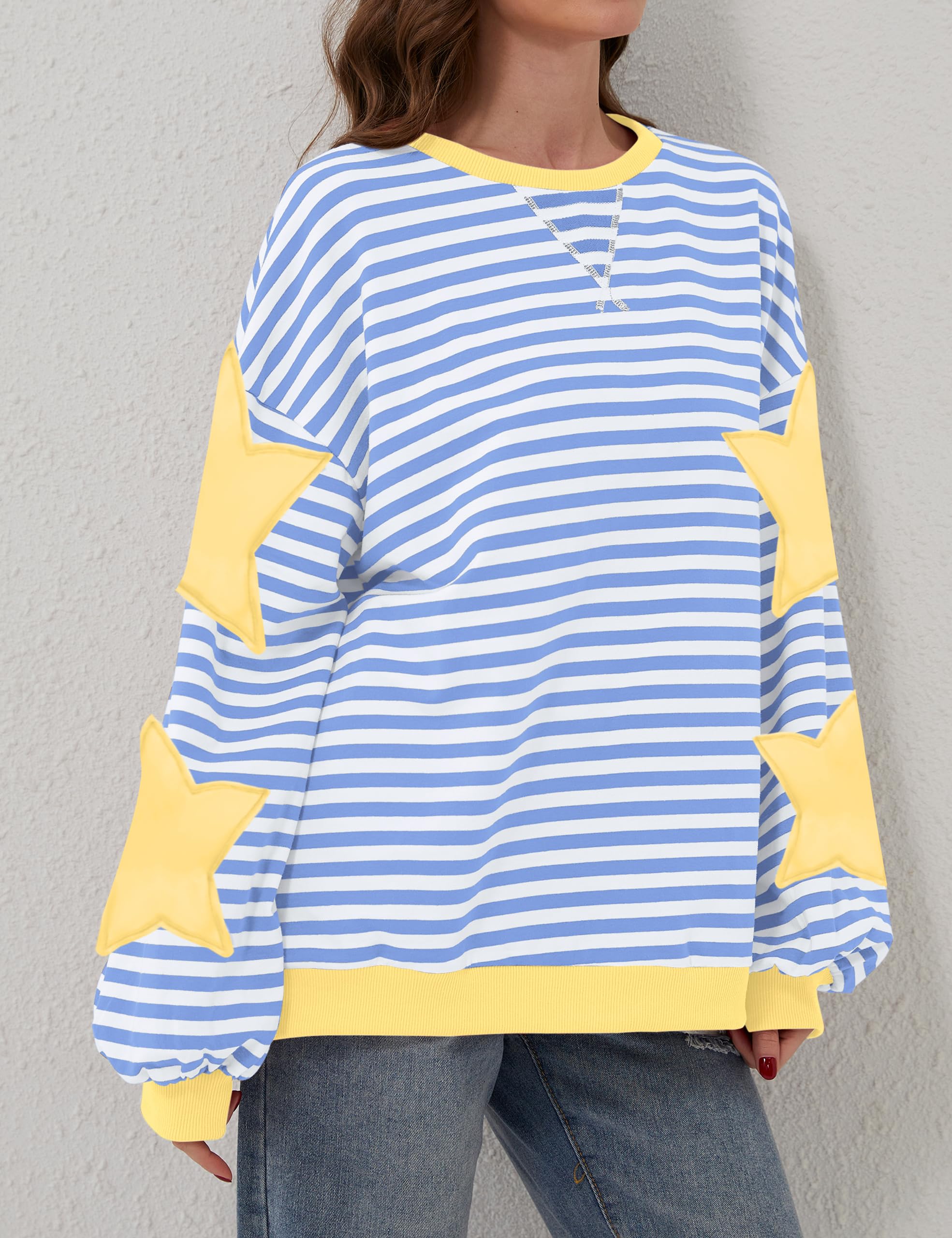 Teriveek Damen-Sweatshirt, Oversize, gestreift, Farbblock, langärmelig, Rundhalsausschnitt, lässig, locker, Y2K-Shirt