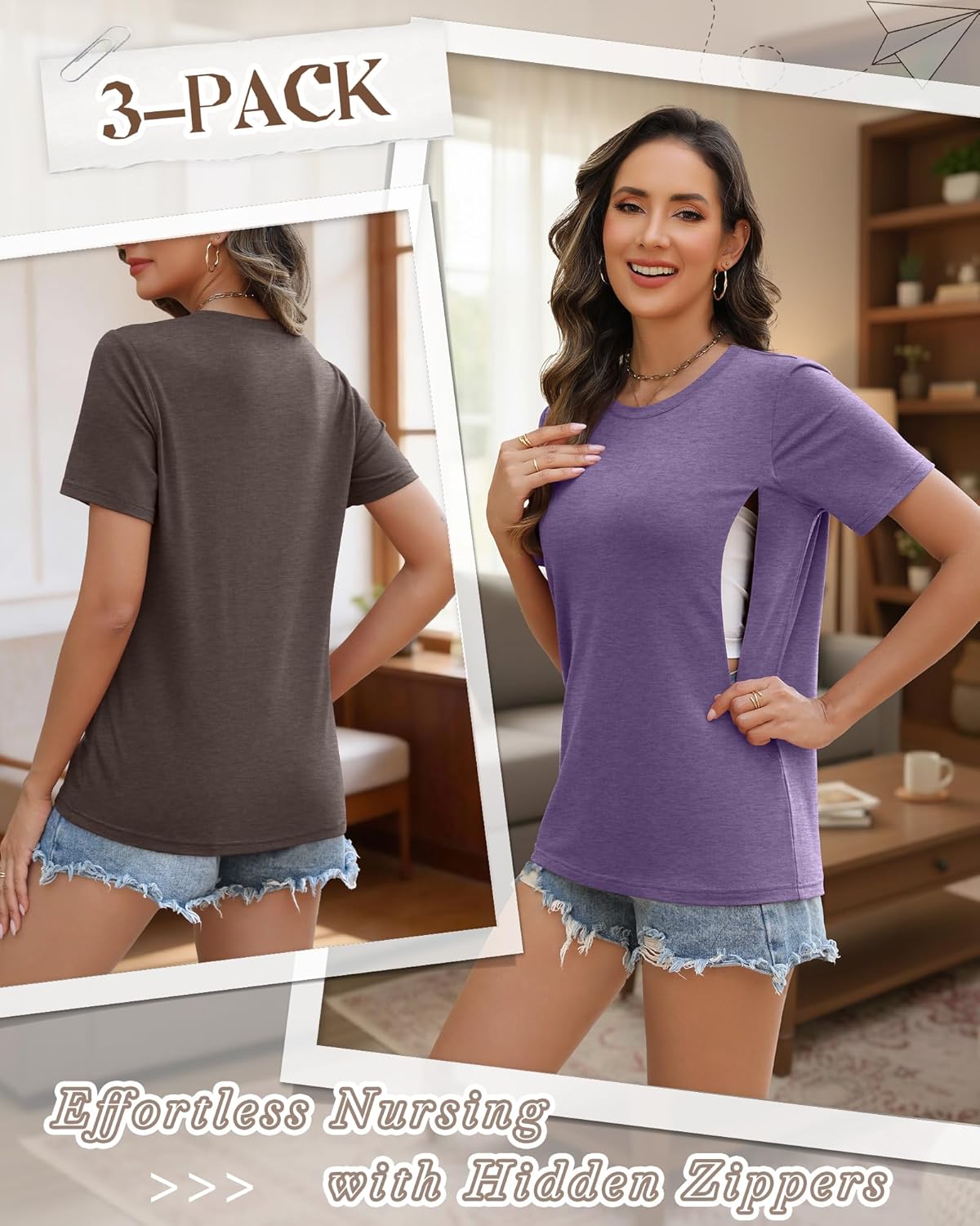 3 Pack Women's Nursing Shirts for Breastfeeding with Zippers Maternity Loose Short Sleeve Tops Pregnancy Clothes