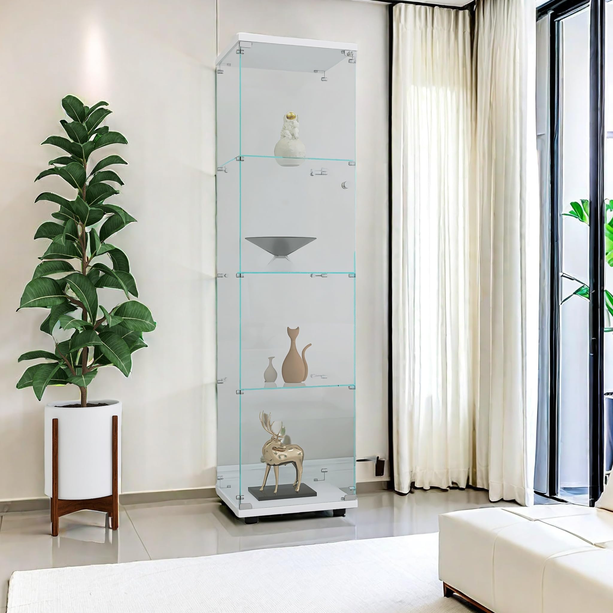 Vitrina de cristal, armario para estanterías, armario de almacenamiento en el suelo, transparente, vitrina moderna de colección para bar, salón, dormitorio, oficina (blanco, 4 pisos LED, 164 x 42 x 36
