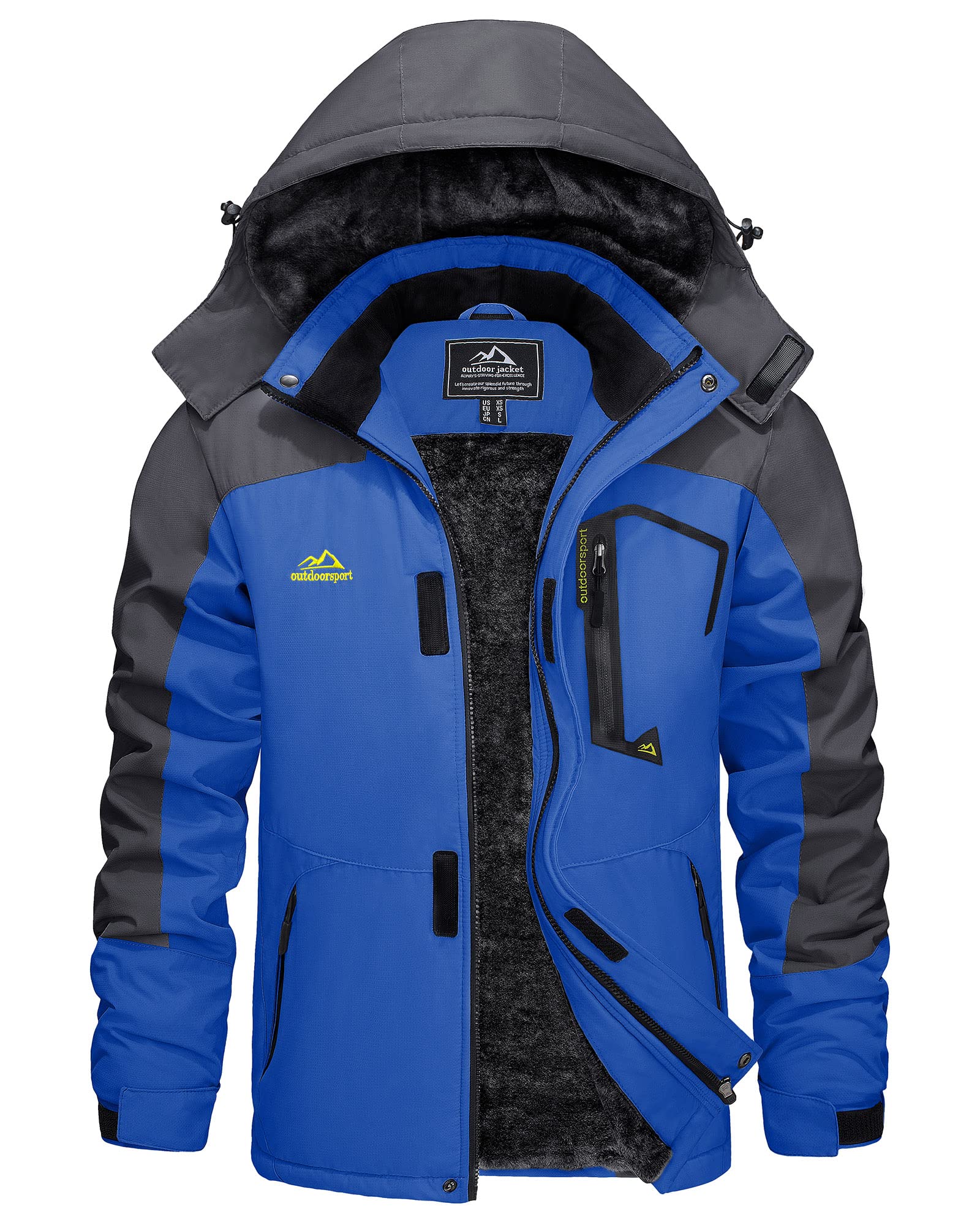 KEFITEVDMen's Waterproof Fleece Jackets Winter Warm Ski Raincoats Outdoor Thermal Coats with Detachable Hood