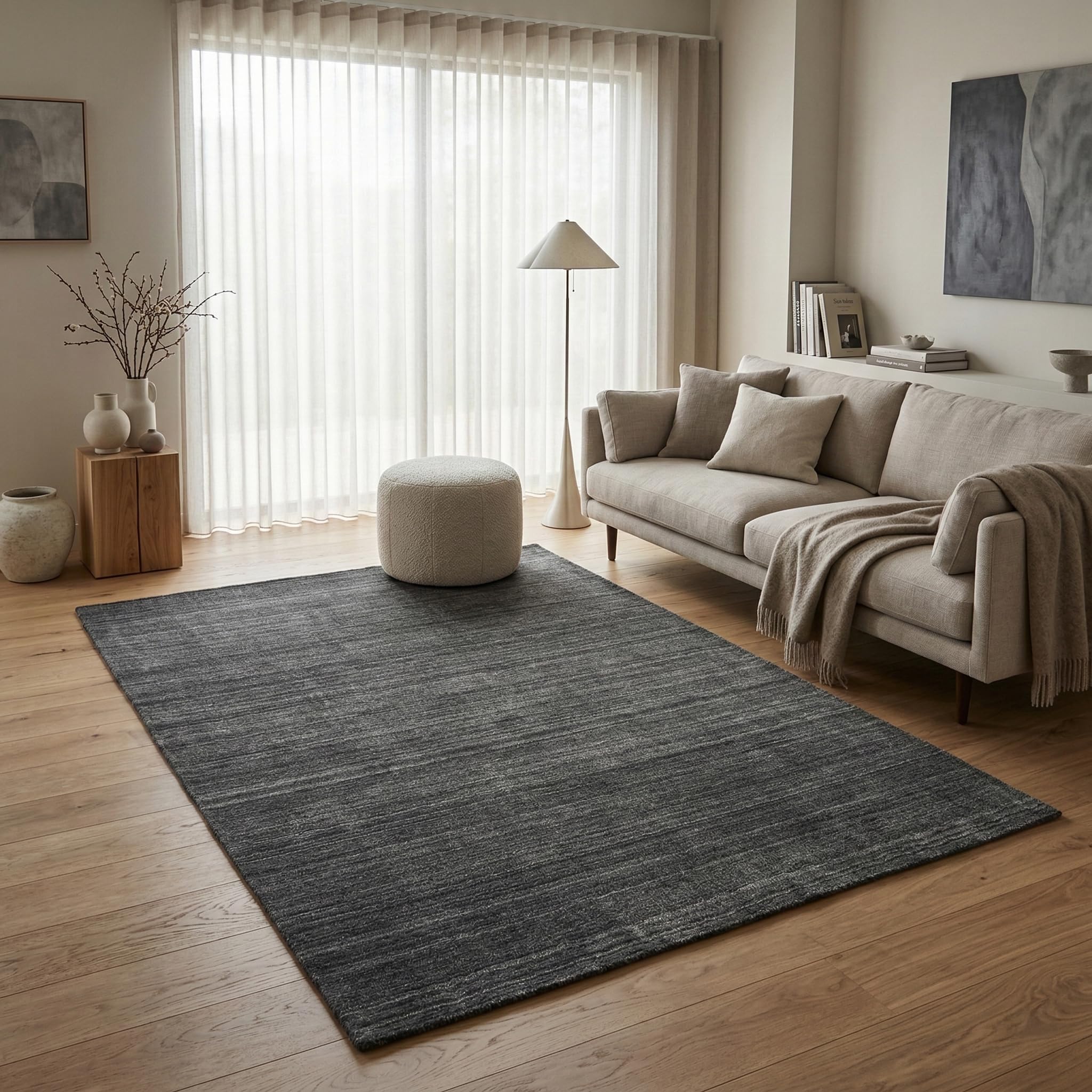 120 x 170 Teppich Wohnzimmer Anthrazit Natur Wolle modern Wohnzimmerteppich Melange dezent Feng Shui Luxus Zertifiziert Made in Germany Design Manufaktur Markenteppich Oeko TEX