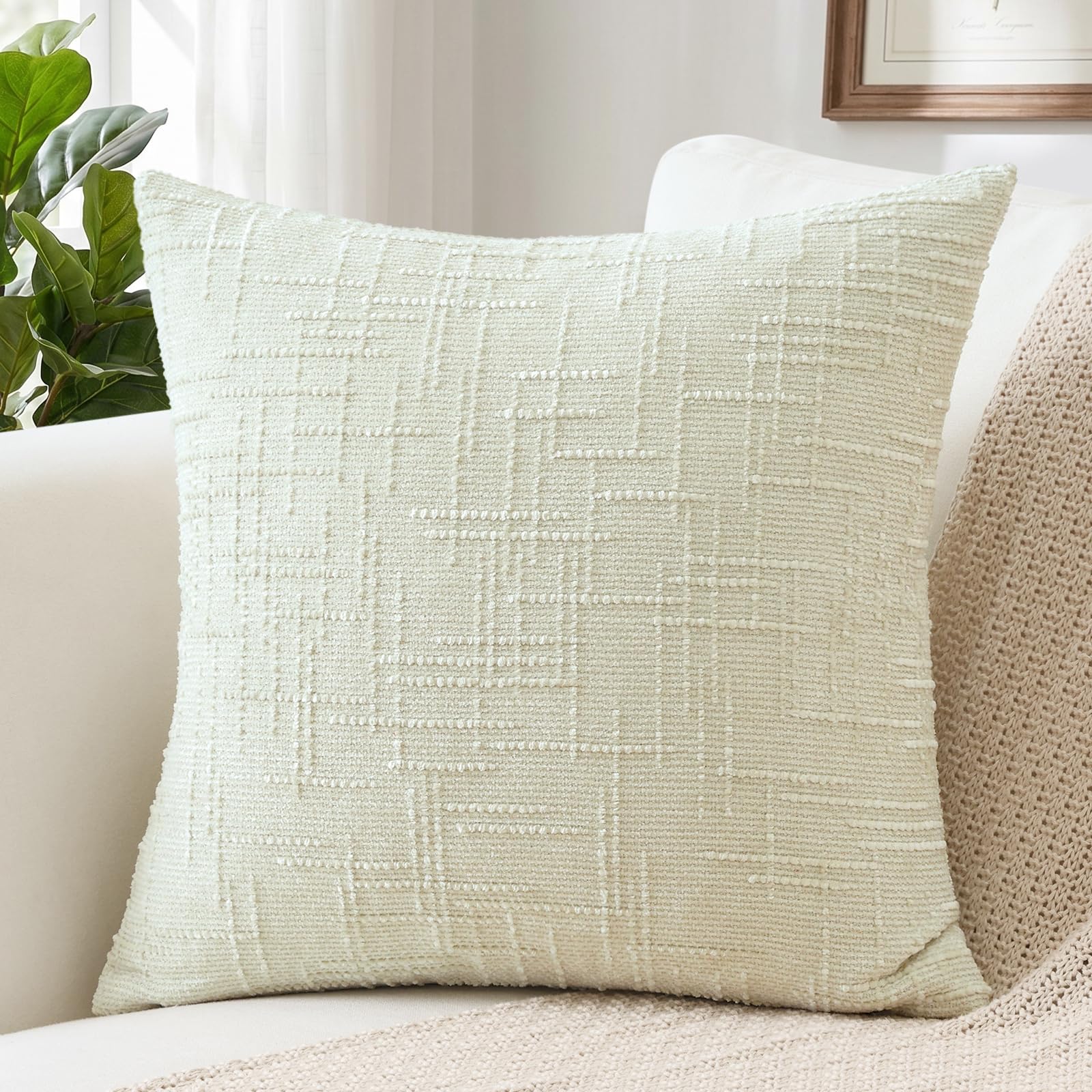 Sungeek Chenille Textured Cushion Cover 45x45cm, Farmhouse Solid Dyed Throw Pillow Case Cover, Decorative Square Cushion Case for Home Decor Couch Sofa Bed Living Room, Cream White — image 1