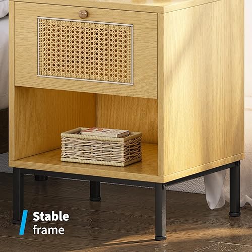 Miniatura 5 de Mjkone Juego de 2 mesitas de noche de ratán, mesa auxiliar bohemia con cajones de almacenamiento, mesita de noche de caña con patas de metal