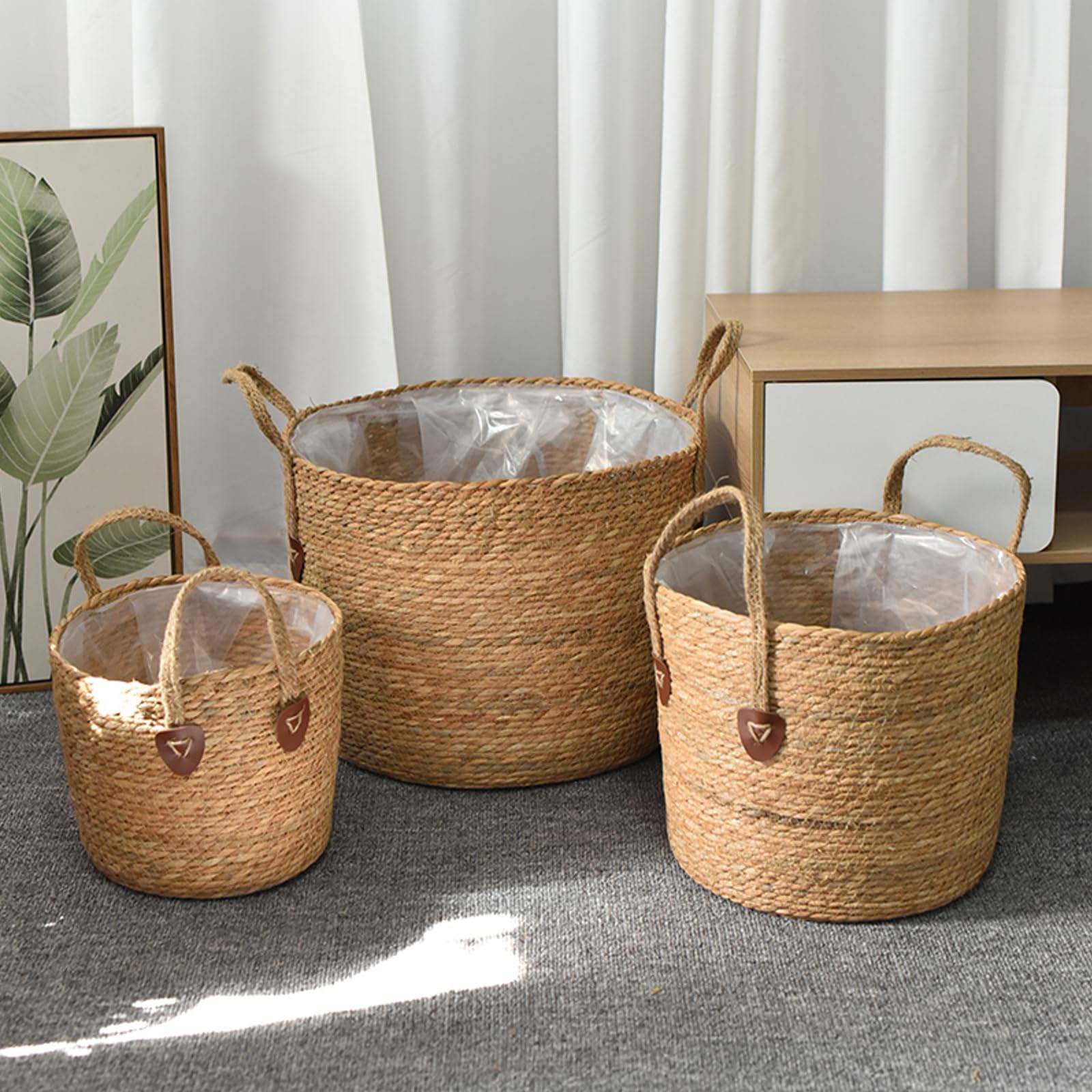 Confezione da 4 grandi cesti in alga marina con rivestimento in plastica, eleganti cesti in vimini per interni ed esterni, copertura e decorazione della stanza, 30,7 x 24,8 x 24,8 cm