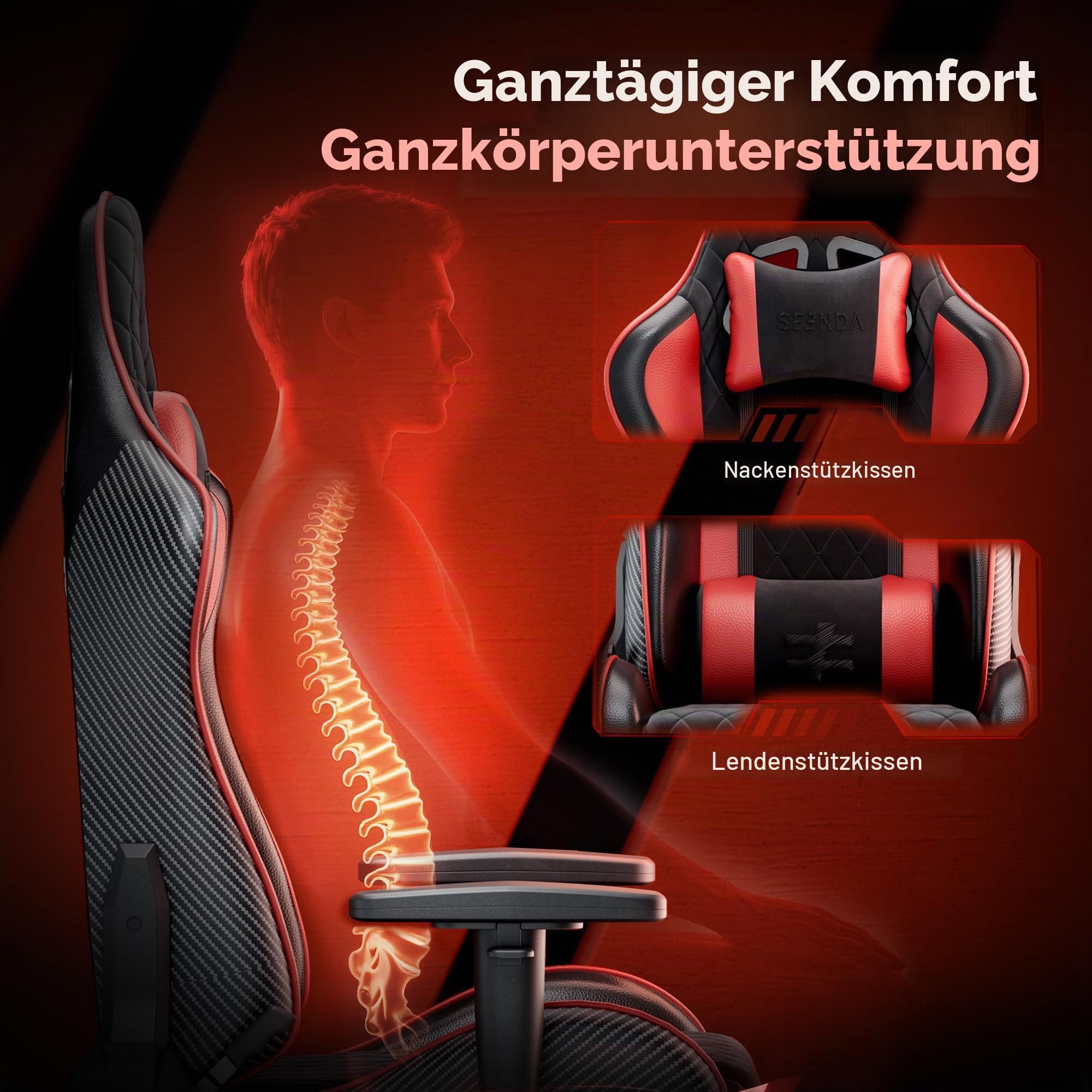 seenda GCPro-10 Ergonomischer Gaming Stuhl & Bürostuhl | 150 kg Vollmetall-Rahmen, 145° Neigung mit Fußstütze, 2D Armlehnen, Lendenwirbelstütze, High-Density Schaum, Carbon Design