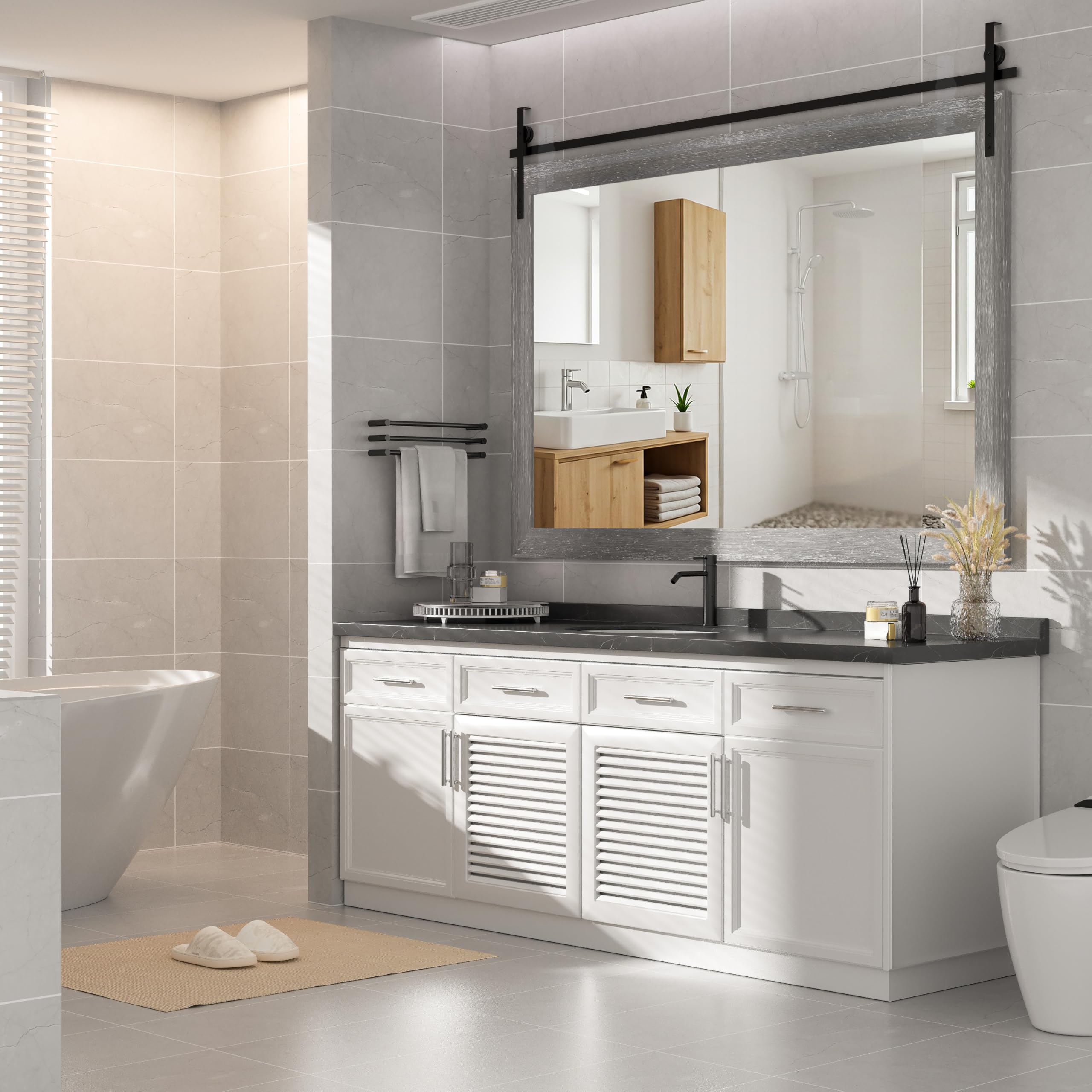 hasipu farmhouse bathroom mirror, 55"x36" rustic wood framed wall mounted mirror, gray vintage vanity mirror barn door style decrative mirrors