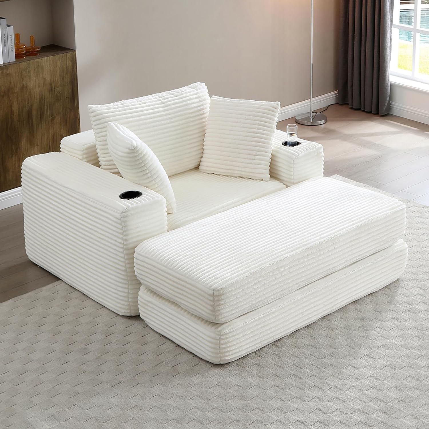 Oversized Chair with Ottoman, Boneless Lounge Chair Indoor, Large Cloud-Like 3-in-1 Sofa Bed, Comfy Corduroy Single Sofa Armchair for Reading Room, Study Room, Playroom, Beige | with Cup Holder