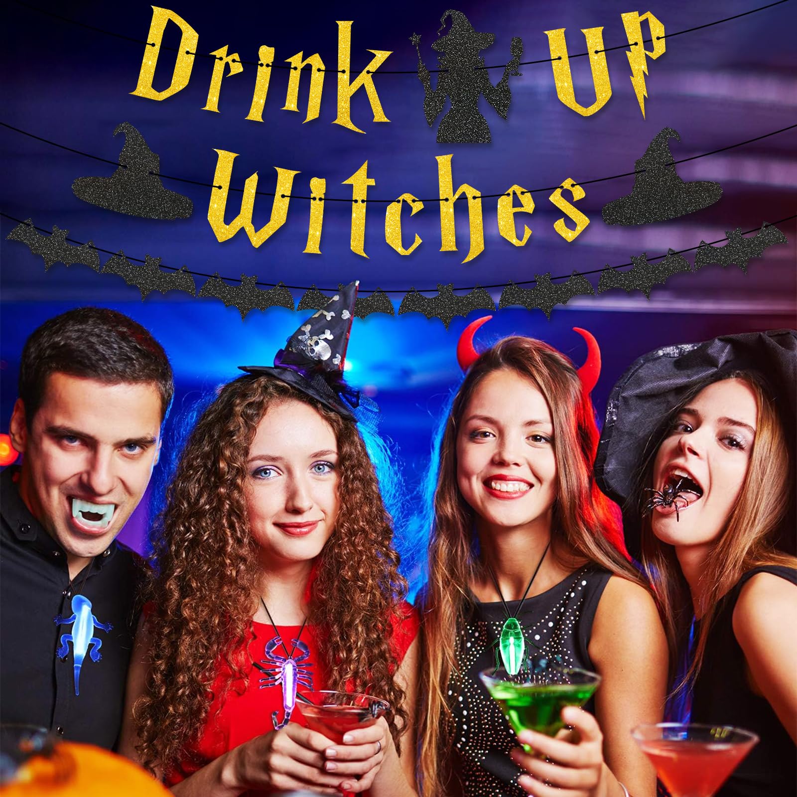 Stcomart Drink Up Witches Banner – Glitzerndes Halloween-Banner Mit Hexen, Hüten & Fledermäusen, 1,8 M Lang, Gold – Perfekt Für Hexenpartys