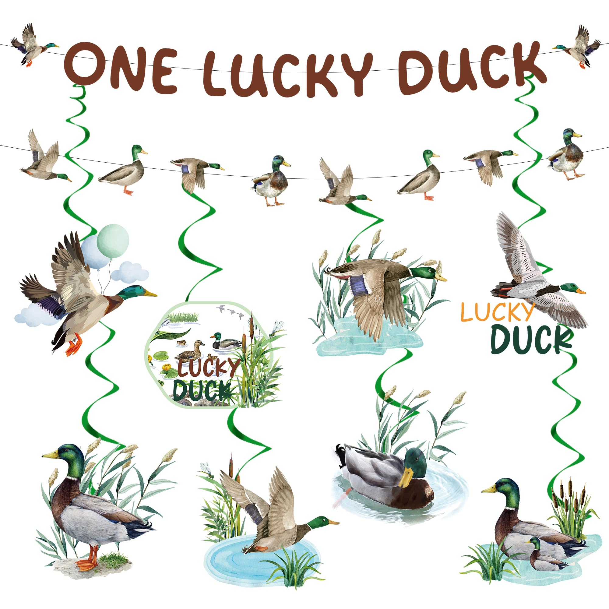 EngoEagleOne Lucky Duck Birthday Decorations - Include Hanging Banner and Hanging Swirl Mallard Duck Baby shower Decorations Duck Hunting themed 1st Birthday Party Supplies