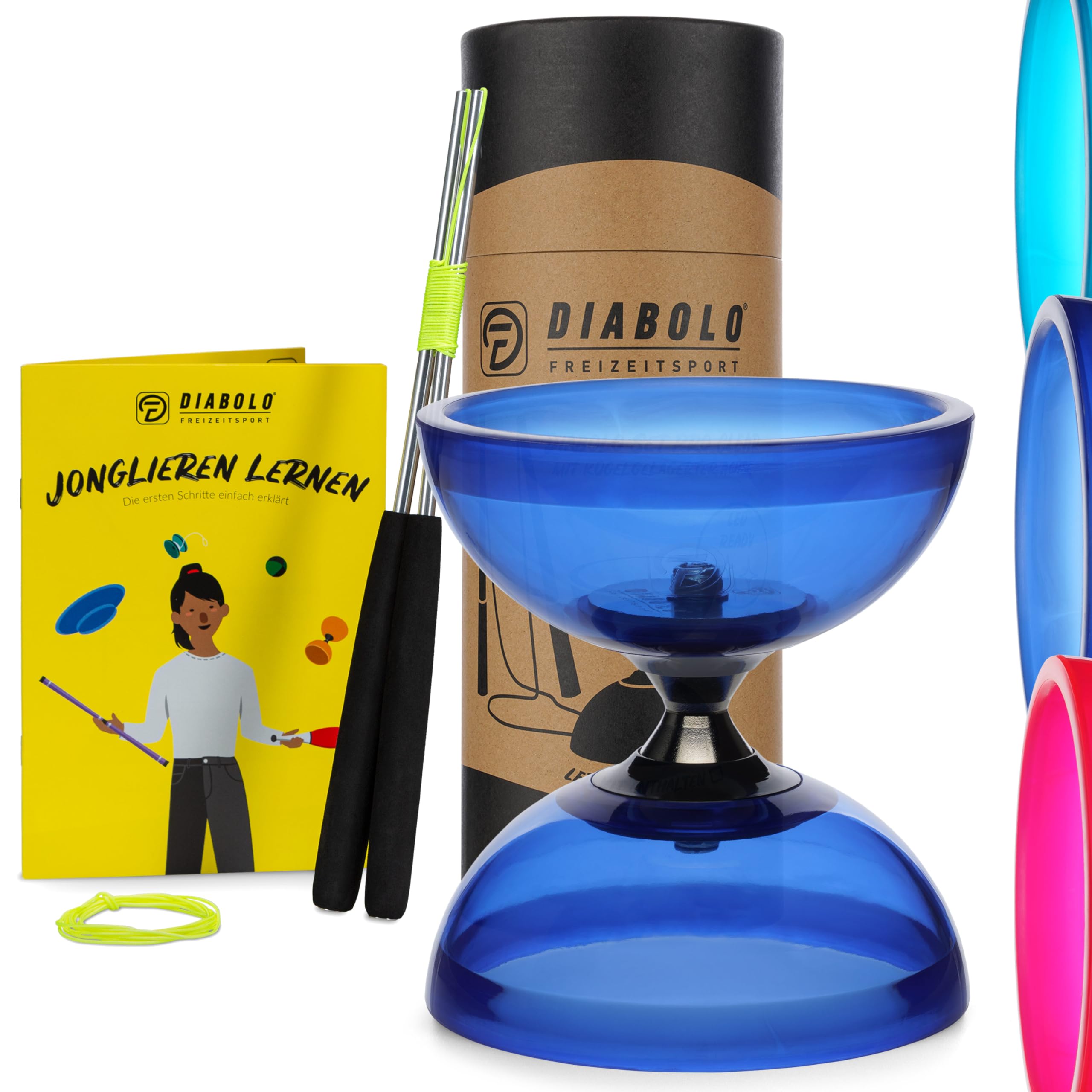 Diabolo Freizeitsport Juggling Set Pro Clear with Transparent Diabolo (Blue), UV-Reactive for Black Light - with Handsticks, Replacement Cord (160 cm) and Printed Instructions (English language not