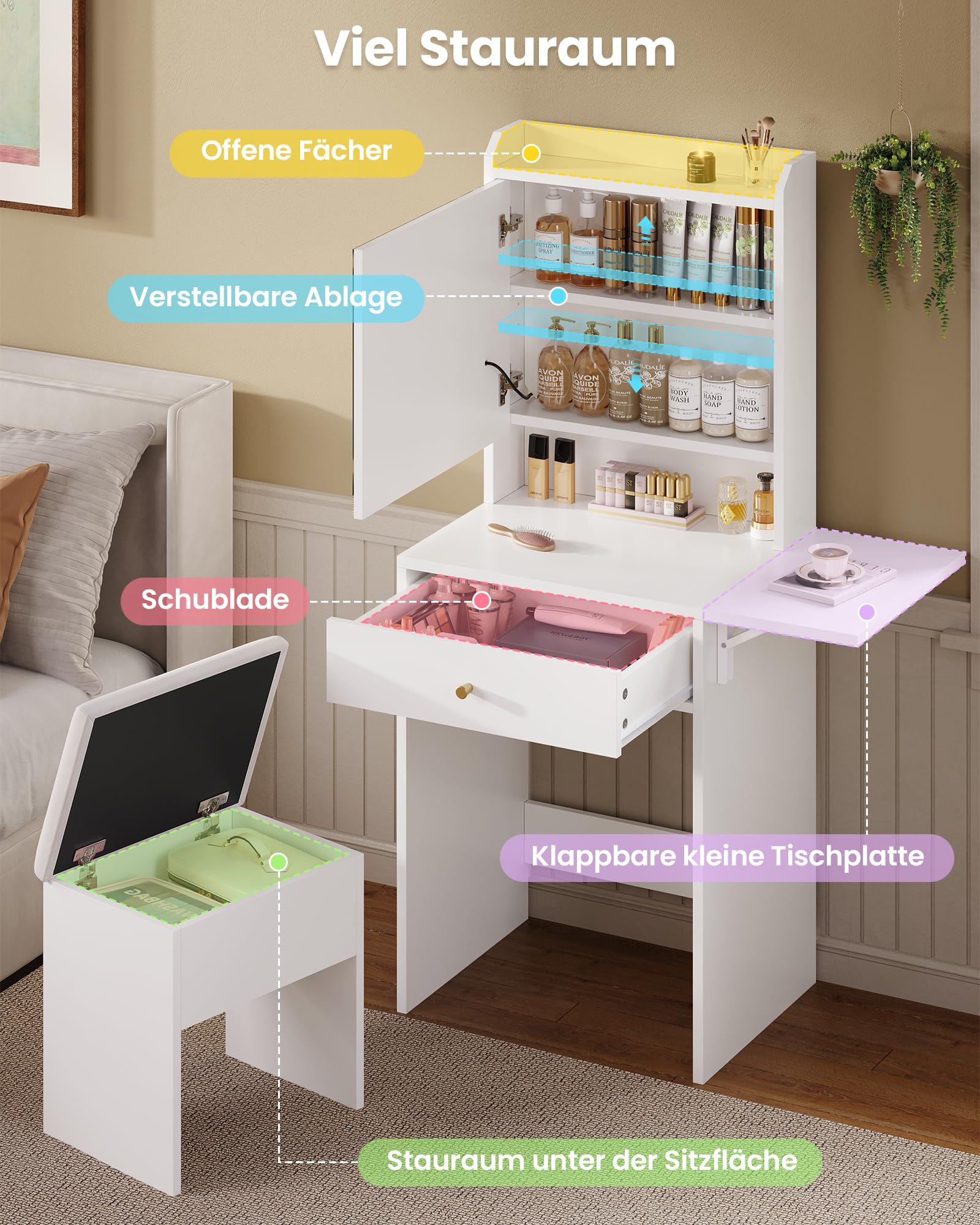 KIMENICH Schminktisch mit Beleuchtung, 3 Farben, Einstellbare Helligkeit, Schminktisch Klein mit Hocker, 1 klappbare Platten, Kosmetiktisch, Frisiertisch mit Spiegel, Verstellbaren Ablagen, Weiß