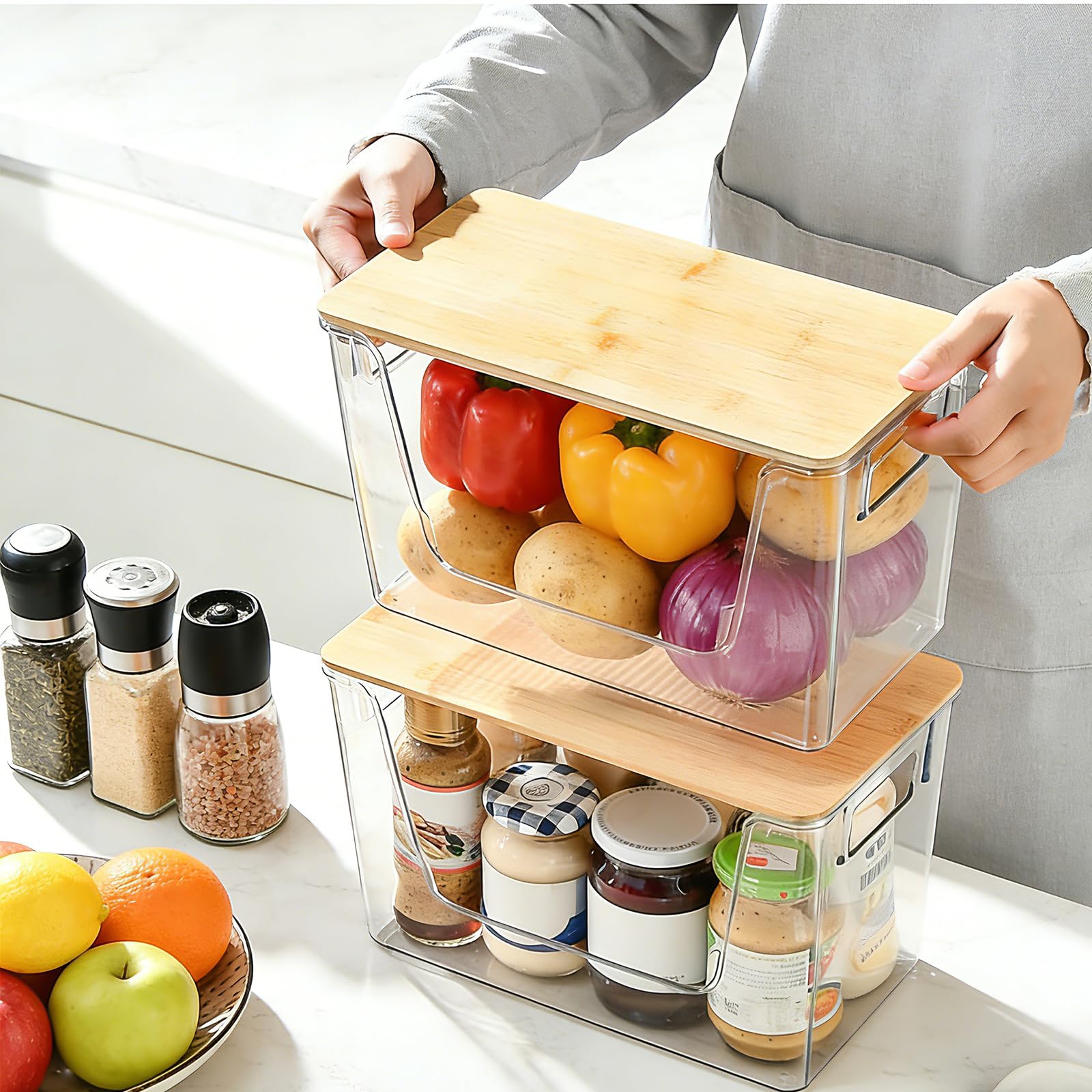 Set di 2 contenitori impilabili per dispensa, per patate, cipolla, aglio, frutta, verdura, prodotti, con apertura frontale trasparente e coperchio
