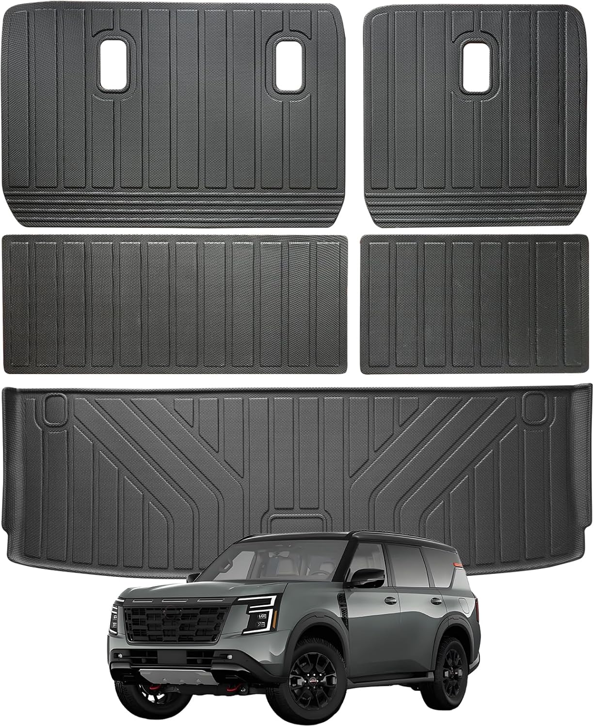 Cargo Mat for Nissan Armada 2025 7/8Seats &Backrest Mat, Infiniti QX80 with Trunk Liners & Backrest Liners, TPE All-Weather Set Custom Fit Non Slip-Cargo Liners Accessories For 2025 armada 2-ni-1 cargo mat?7&8seat?