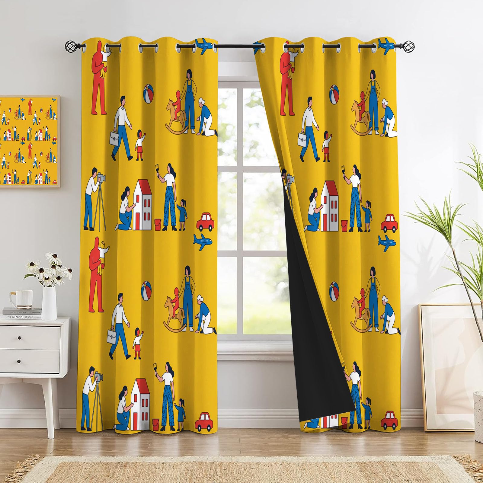 Rideau Occultant Vie Famille Dessin Animé Thermiques Anti Froid, 140x175cm Rideaux Fenêtre Opaque Jeux Parents-Enfants à Oeillets Anti UV Intérieurs Decoration Dressing Salon Chambre Maison, Jaune
