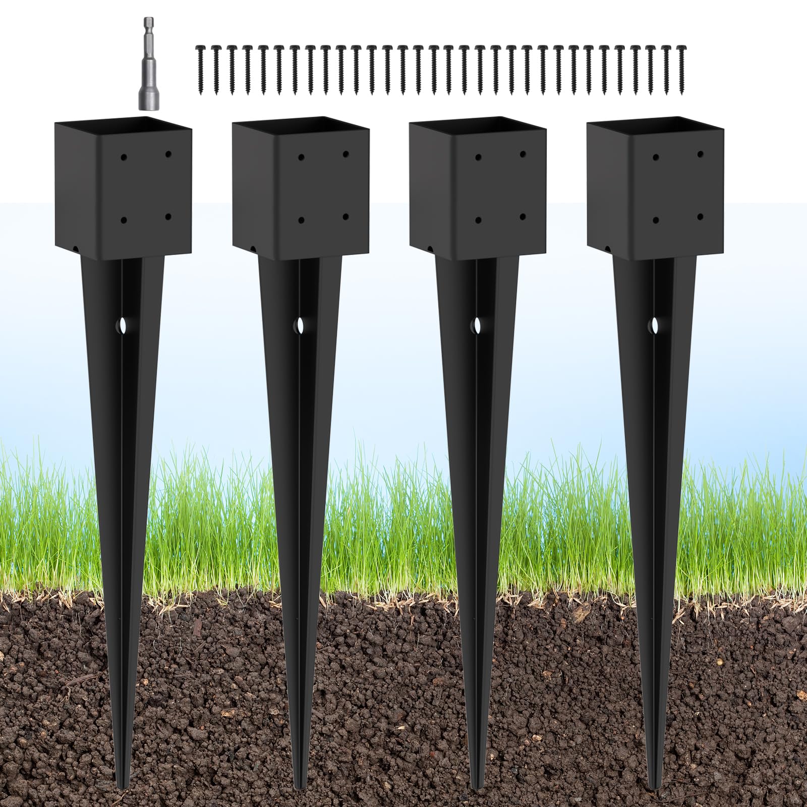4 estacas de anclaje de poste de valla de 4 x 4 pulgadas, 81 cm (real: 9 x 9 cm), anclaje de poste de valla de metal resistente, revestimiento de polvo negro, para valla, cubierta, comedero de