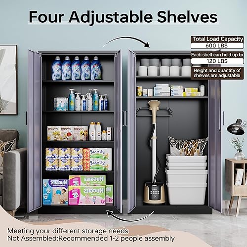 Miniatura 75 de Armario de almacenamiento de metal, gabinetes de garaje de 2 puertas, caninete de herramientas de utilidad de acero, caninetes de bloqueo corto con