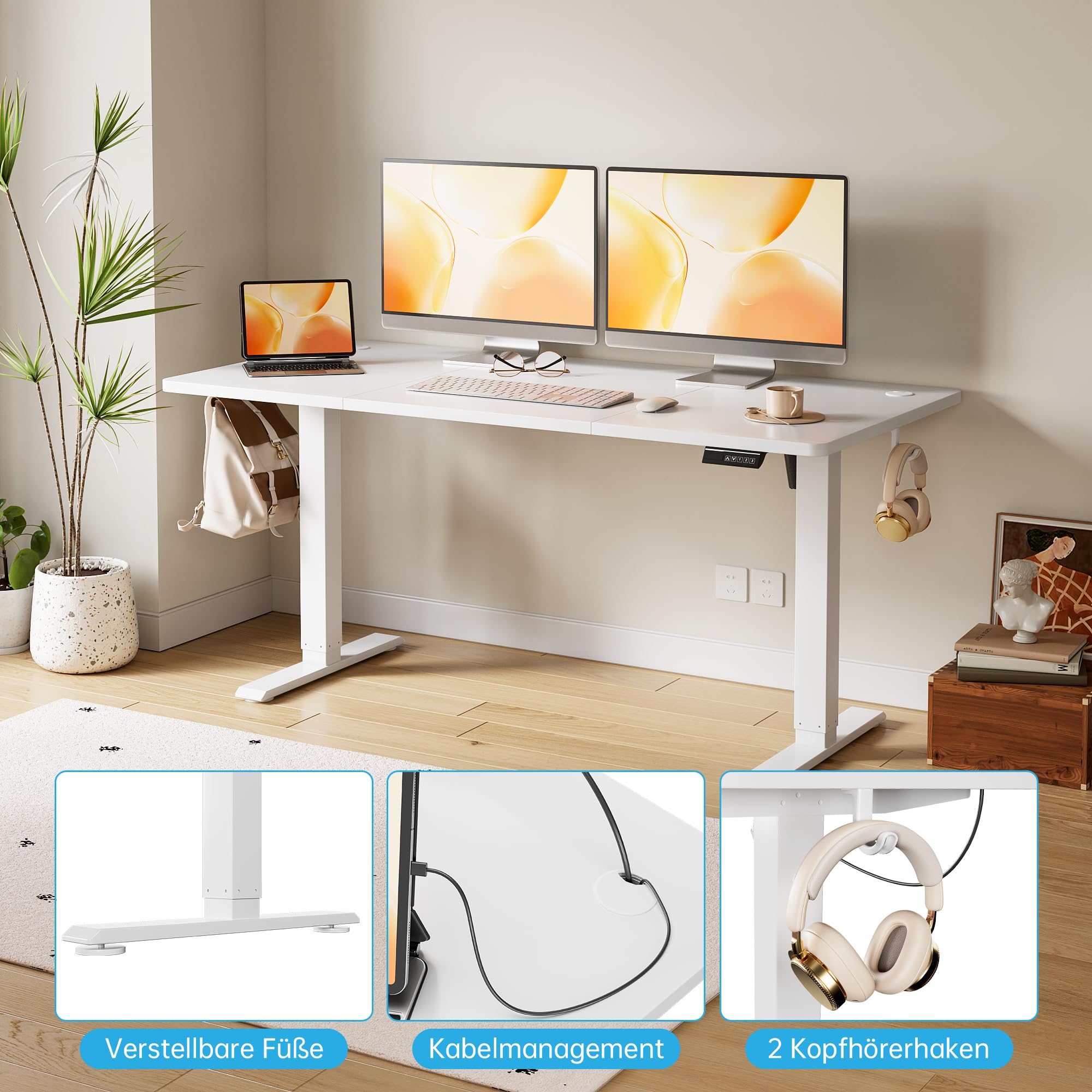 Höhenverstellbarer Schreibtisch, Elektrischer Standing Desk, Stabiler Höhenverstellbar Elektrisch mit Memory-Handsteuerung Bürotisch, Ergonomischer Steh-Sitz Tisch Computertisch - 120 x 60 cm Weiß