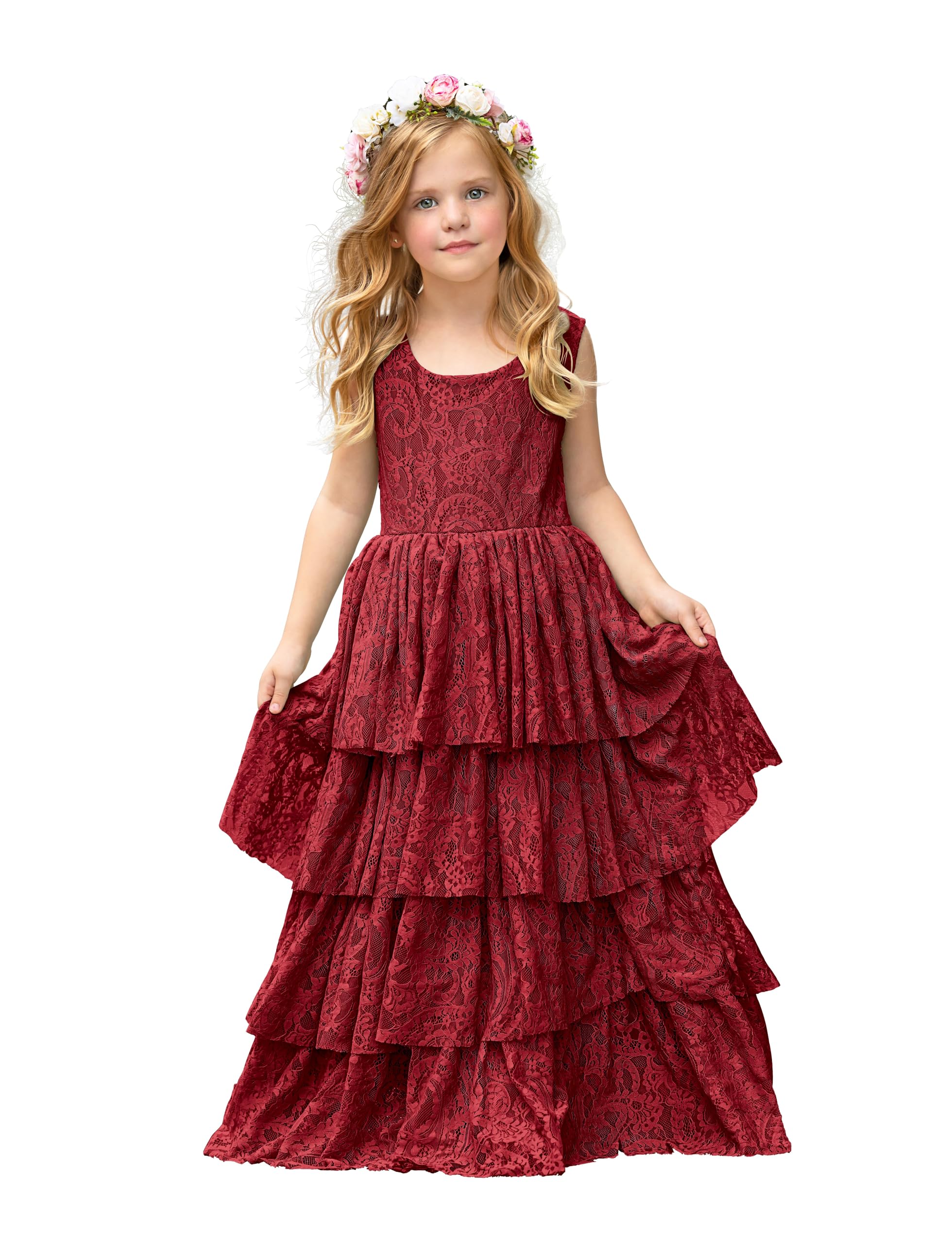 Flower Girl Dress Lace Boho Girls Dresses Ruffle Tiered Flowy Maxi Toddler Dress for Wedding Holiday Party 6M-14Y