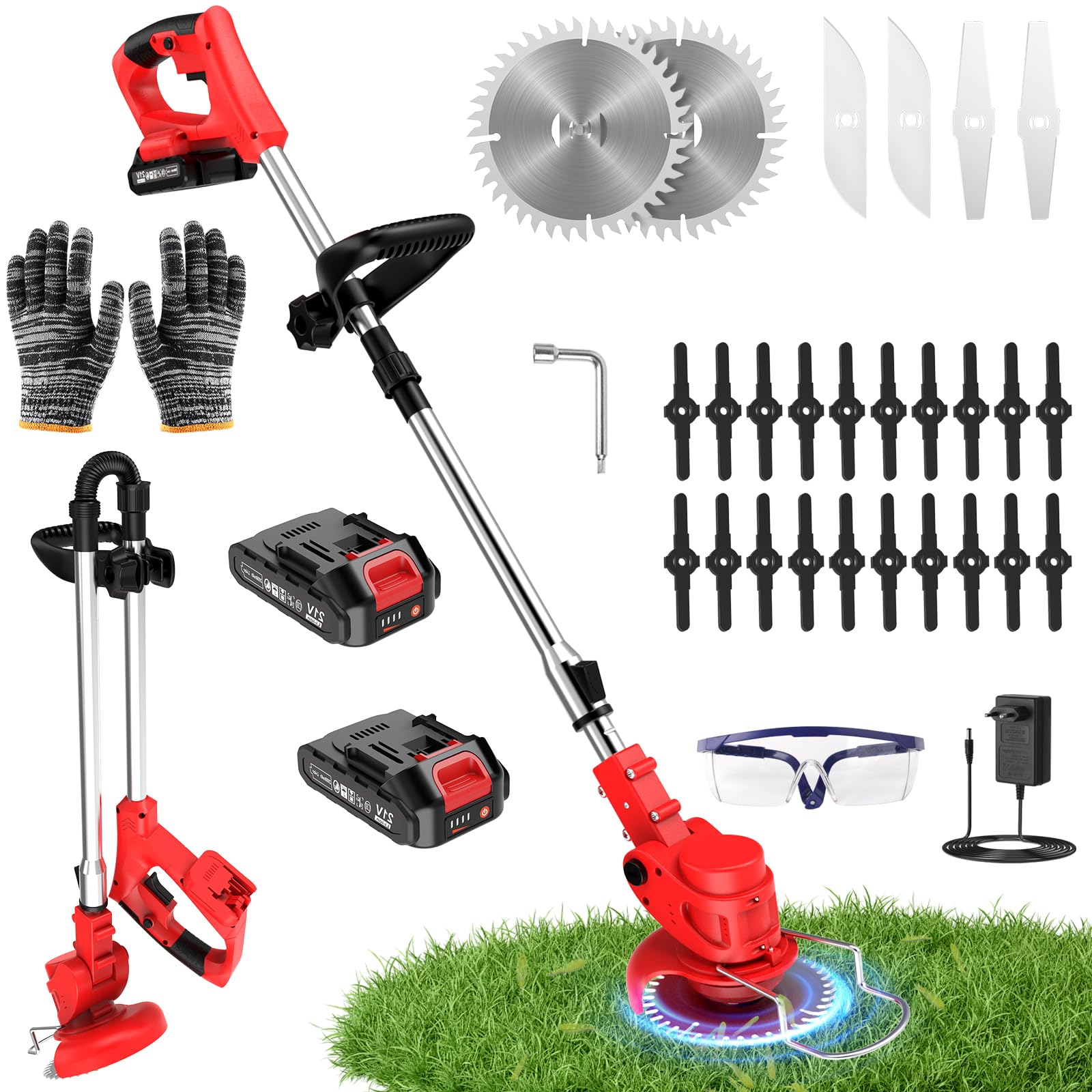 Debroussailleuse Electrique sans Fil 850W Rotofil Batterie 1.8kg Pliable 60cm Manche Telescopique 2X 2000mAh 26 Lames 4 Types pour Entretien Jardin (Rouge Velours)
