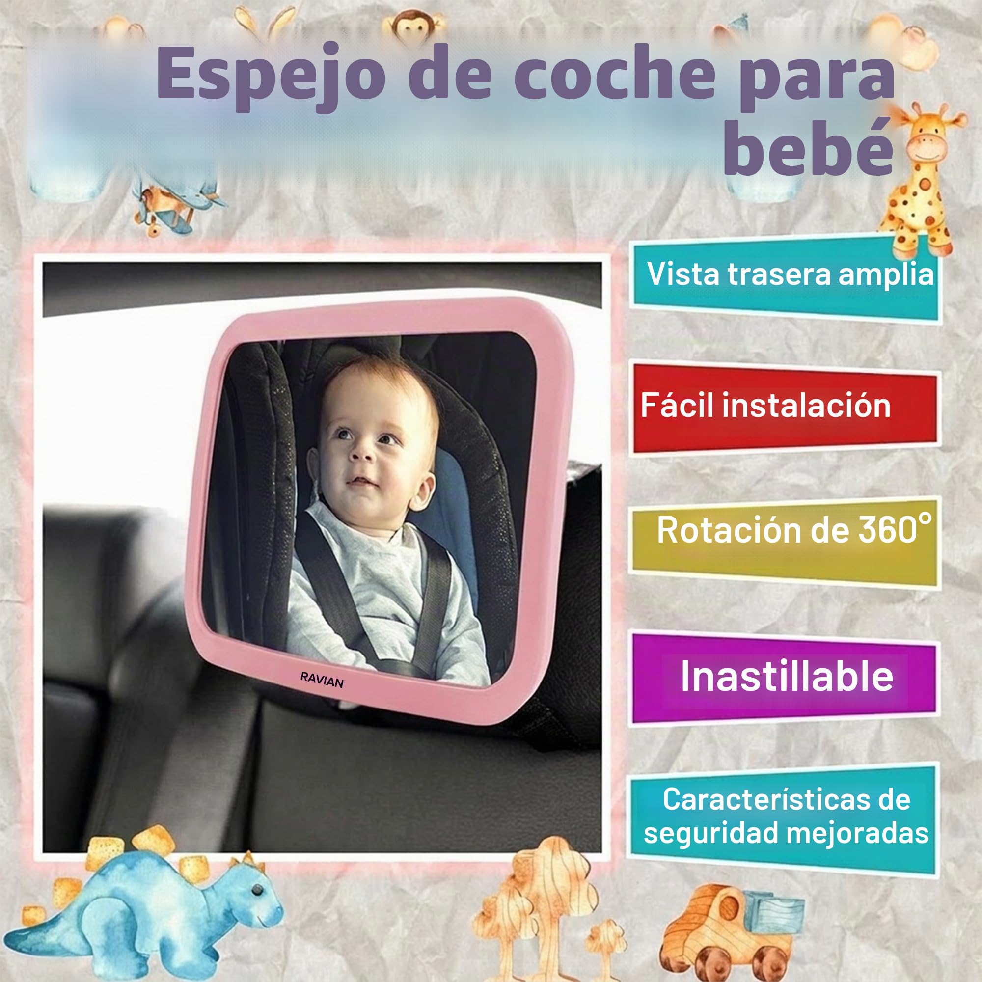 Espejo de Coche para Bebé para Asiento Trasero, Lo Más Seguro para Recién Nacidos con Vista Trasera, A Prueba de Romper, Ajustable para Ver Característica Trasera para Bebés, Niños y Mascotas