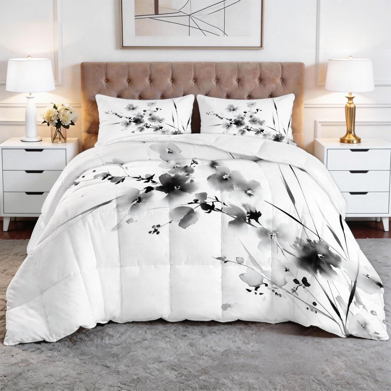 Trapunta Matrimoniale 150x200 cm Fiori selvatici astratti in bianco e nero Piumone 4 Stagioni Microfibra Traspirante Morbida, Trapuntino Copriletto Stampa 3D con 2 Federe 50x80 cm