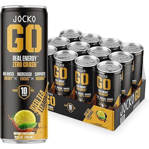 Jocko GO Energy Drink - Keto, Vitamin B12, Vitamin B6, Electrolytes, L Theanine, Magnesium- Energy Boost, Sugar Free Nootropic Monk Fruit Blend - 12 Pack (Iced Tea - Lemonade)