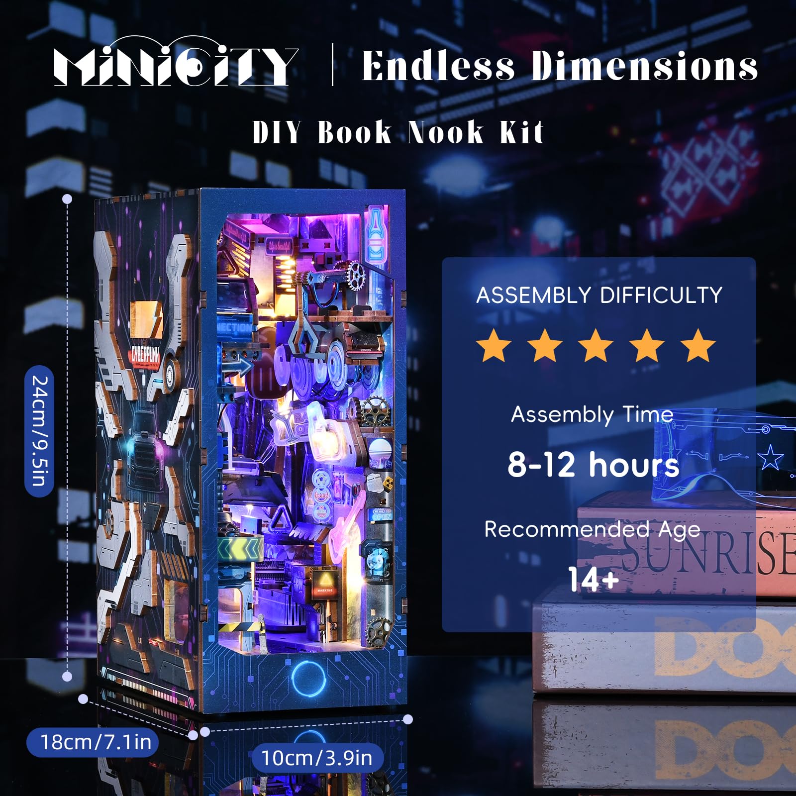 MiniCity, Book Nook Kit, Kit fai da te per casa delle bambolo in miniatura, puzzle in legno 3D, con inserto decorativo con luce LED per ragazzi e adulti, tema dimensioni infinite