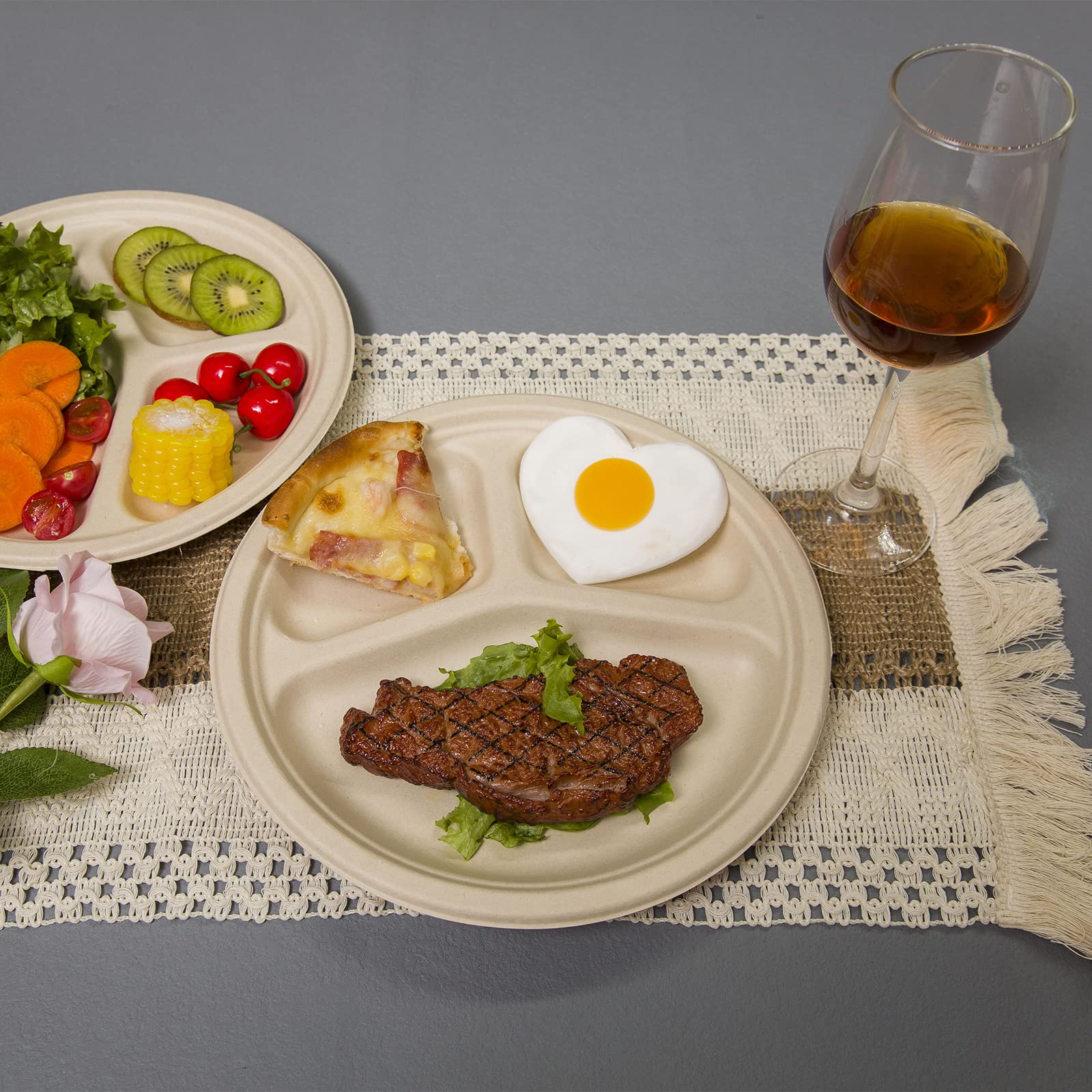 Plato redondo compostable natural de 10 pulgadas, 150 unidades, 10 pulgadas, 150 unidades, 3 secciones