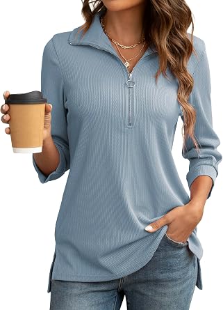 COSSEN Womens Tops Dressy Casual Shirt 3/4 Sleeve V Neck Business Casual Blouses Zipper Collar Women Polo Shirts