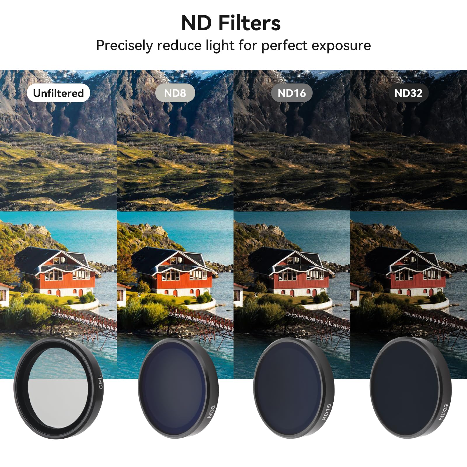 UTEBIT Kit de Filtres Compatible avec DJI Osmo Action 5 Pro/4/3, Lot de 4 ND8 ND16 ND32 CPL Filtres Polarisants à Densité Neutre Accessoire Caméra Action, Verre Optique HD Multicouche