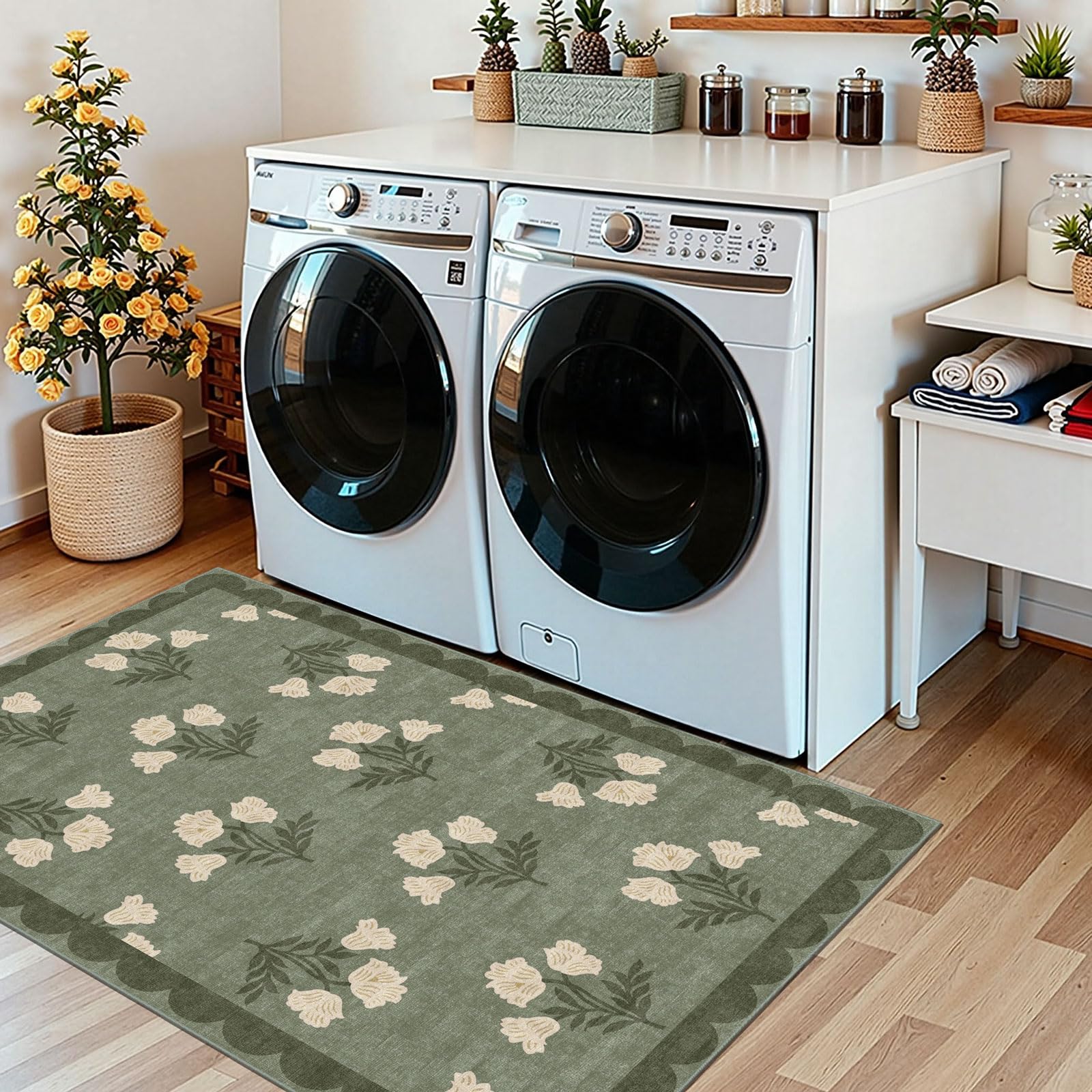 Türvorleger, 90 x 150 cm, Blumenmuster, klein, waschbar, für innen und außen, rutschfest, Frühlings-Vorleger, grün, gewellt, für Wohnzimmer, Schlafzimmer, Eingangsbereich, Küche, Büro, Veranda