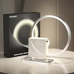 Vivilumens Despertador digital Sunrise, máquina de som de ruído branco, temporizador de auxílio ao sono com porta USB, visor digital regulável, soneca, 10 toques para pessoas com sono pesado, presente