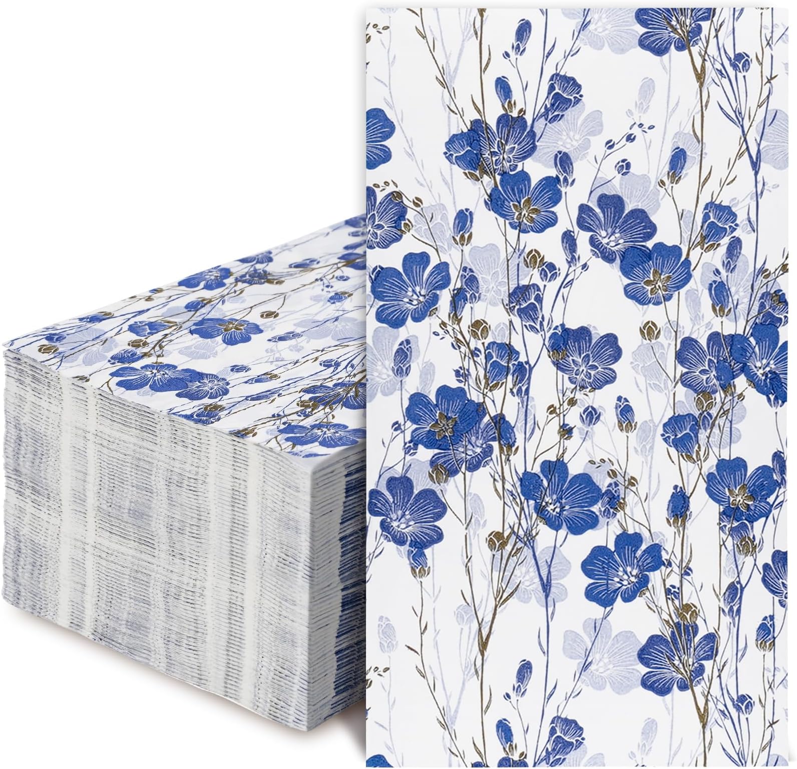 AnyDesign 80 Pack Blue Floral Guest Napkins Disposable