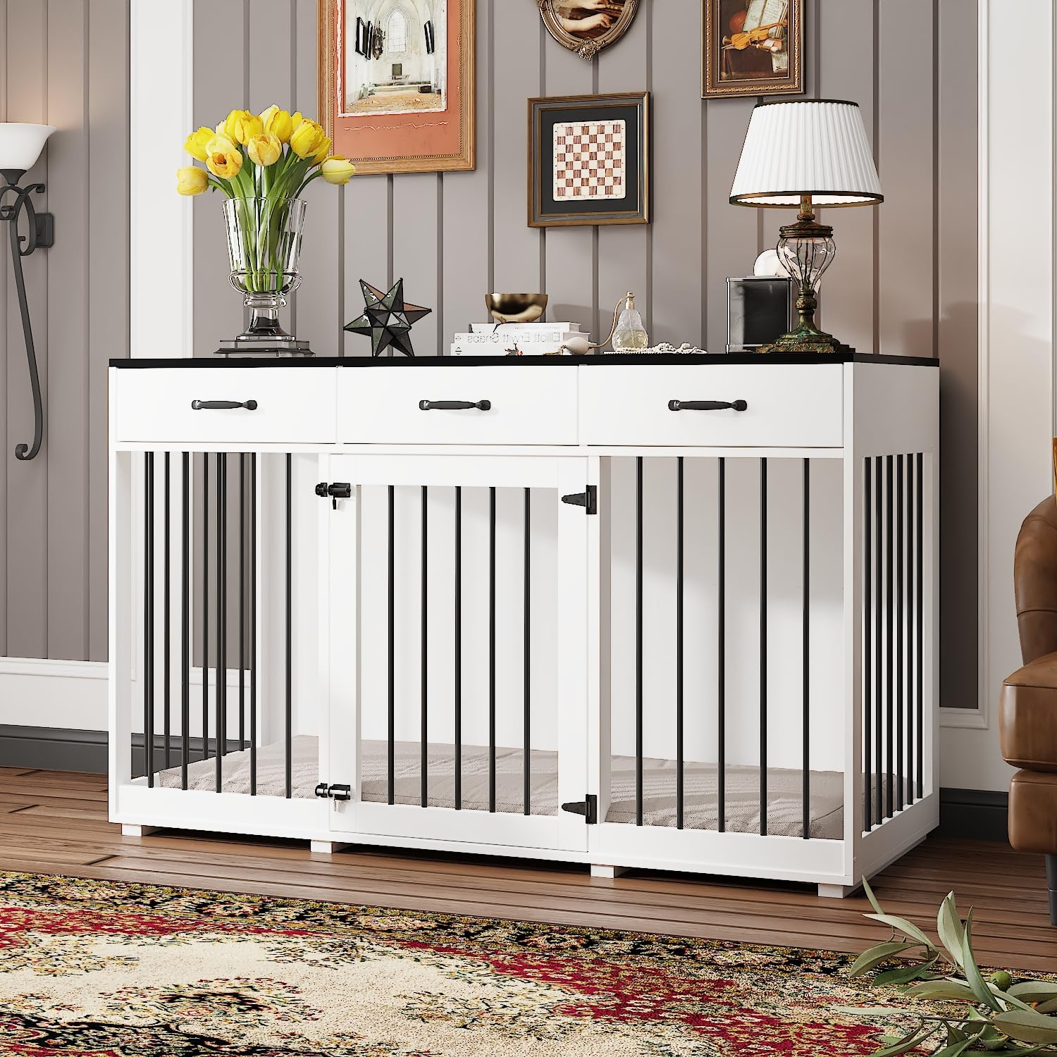 Cage pour chien Palace - Élégante caisse XXL avec tiroirs - 137 x 57 x 85 cm - Meuble et niche pour chien en un - Noir/blanc pour des nez en fourrure soucieux du style
