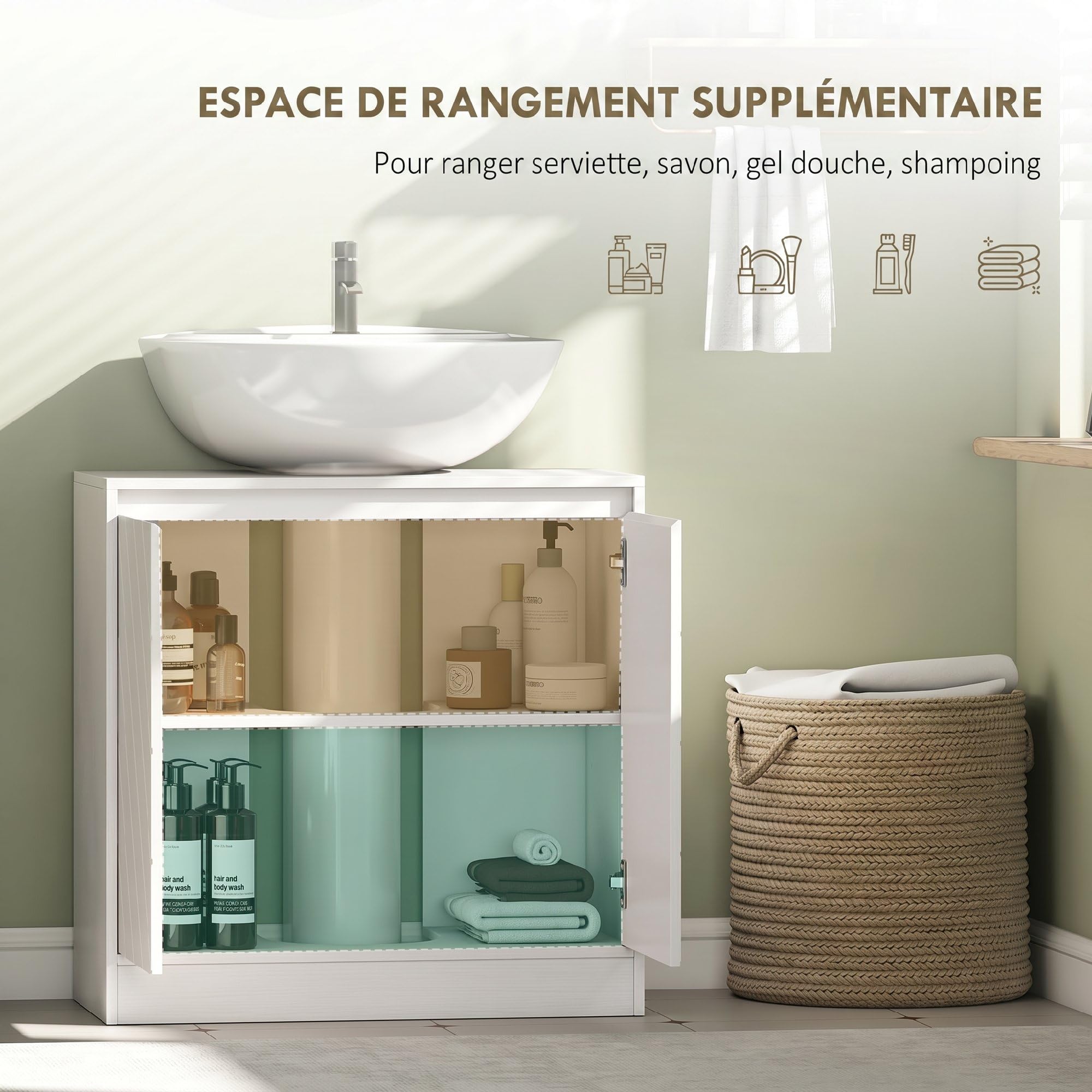 HOMCOM Meuble Salle de Bain sous Lavabo 60L×30l×59,8H cm Blanc
