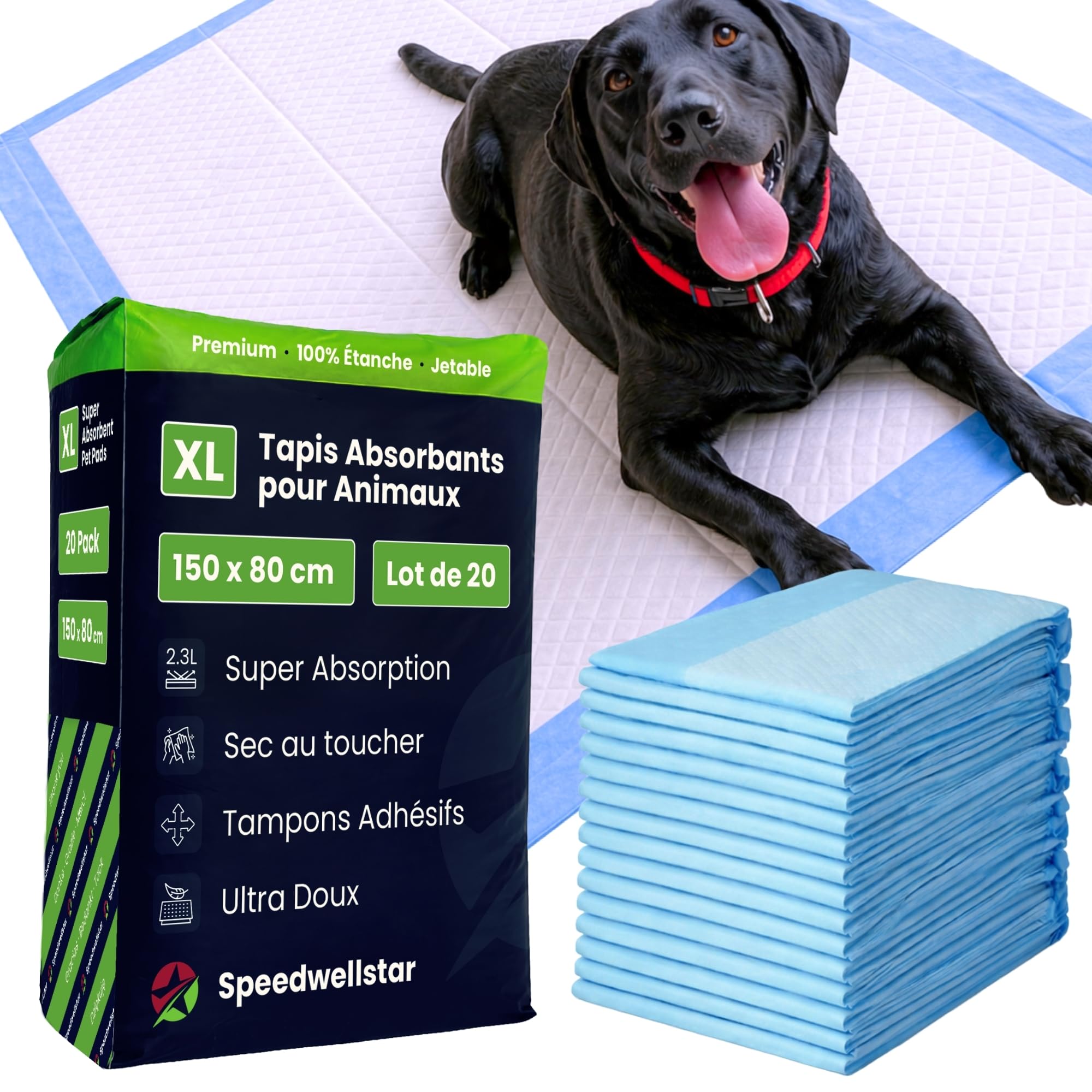 Alèses pour Chiots et Chiens Extra Grandes 150 x 80 cm, 2300 ML, Étanches, Séchage Rapide, Antidérapantes, Tapis d’Apprentissage et de Toilette pour Chiens et Animaux – Lot de 20 par Speedwellstar