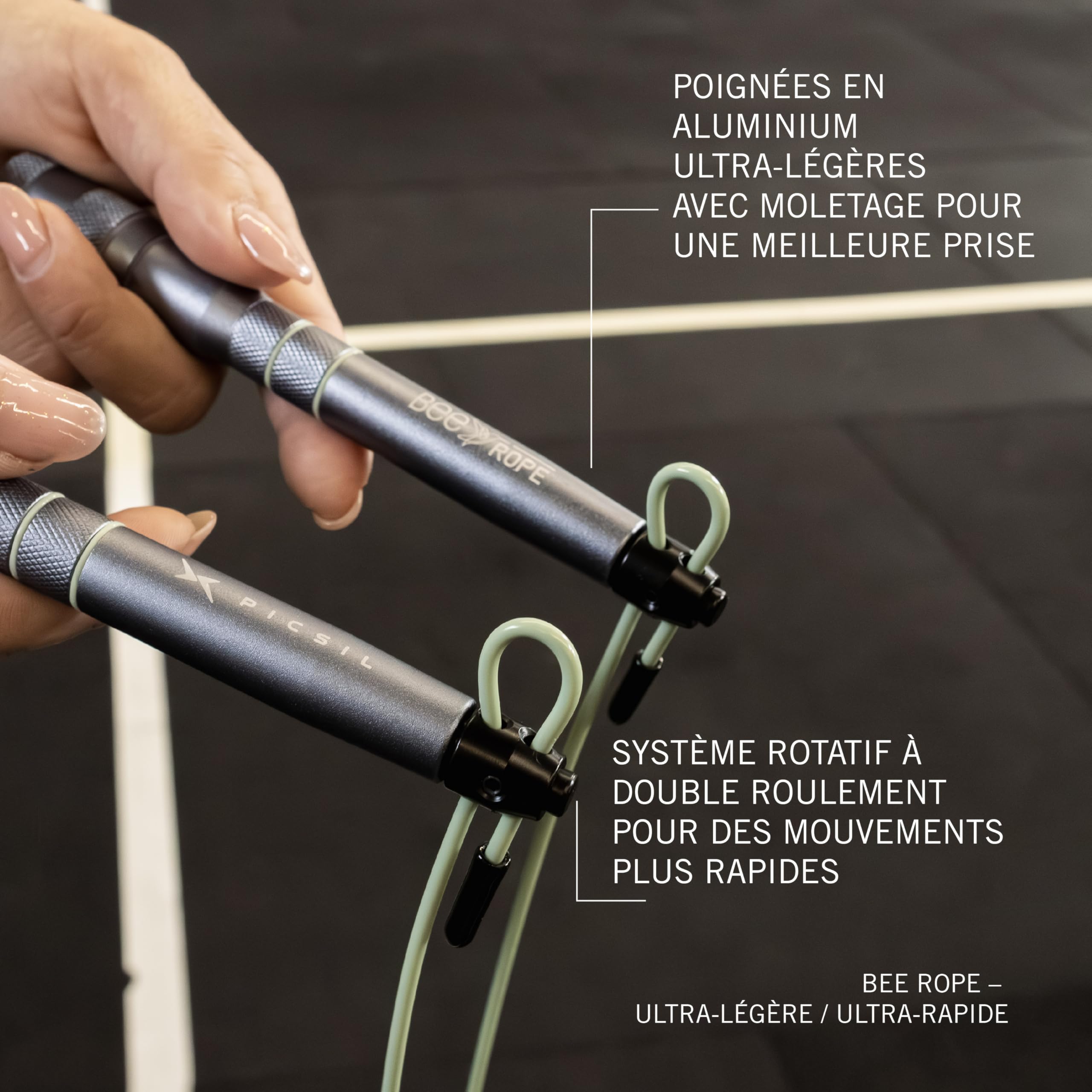 PICSIL BEE Corde Auto‑ajustable, Rapide, Double roulement | Aluminium 200 g, auto‑ajustable sans outils, double roulement, poignées ergonomiques 14 cm. Idéale DU, cross‑training.