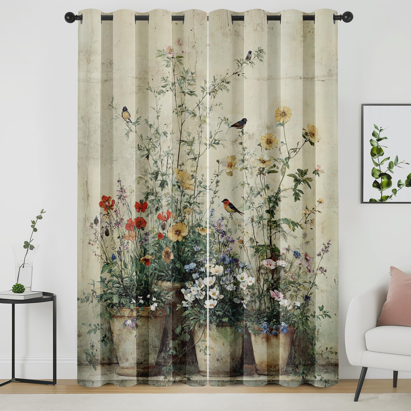 Générique Rideau Occultant Fleurs, Rideaux Thermiques à Oeillets pour Chambre, Motif Oiseaux Floral Botanique Rideaux Salon, Lot de 2 Décoration de Fenêtre, 140x200cm 5Bx5