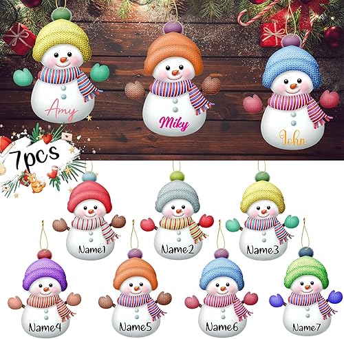 Miniatura 1 de Adornos de Navidad personalizados con nombre personalizado, muñeco de nieve, nombres de familia, decoración de árbol colgante de Navidad, 7 unidades