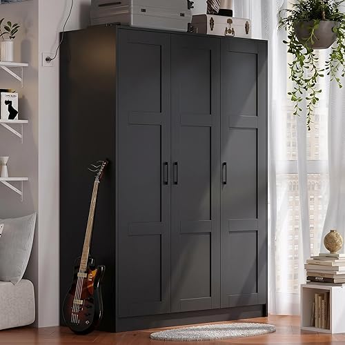 PeakPursuit Wooden Wardrobe Closet Armoire, Freestanding Wardrobe with 3 Doors for Hanging Clothes, Bedroom Large Capacity Freestanding Armoire