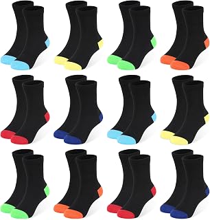 12 Pairs Kids Crew Socks,Black School Socks for Unisex Ages 1-13 | Trendy color-block design on classic black base，for school uniforms, athletic activities and indoor home leisure