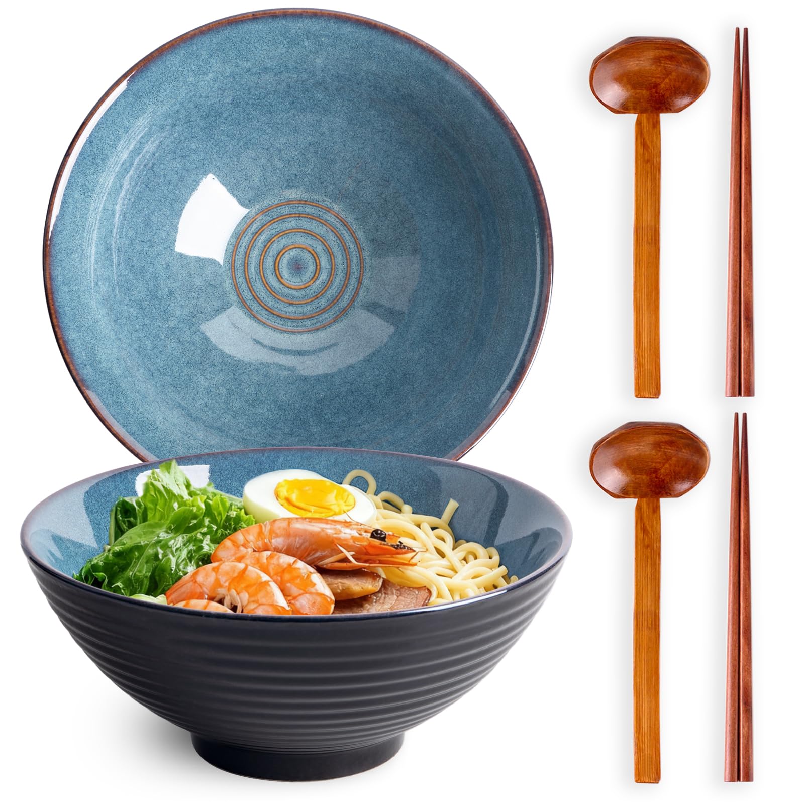 Japanische Ramenschüssel aus Keramik, 1,2 l, mit Essstäbchen und Löffeln für asiatische Suppennudeln von Pho Udon (blaue Glasur)