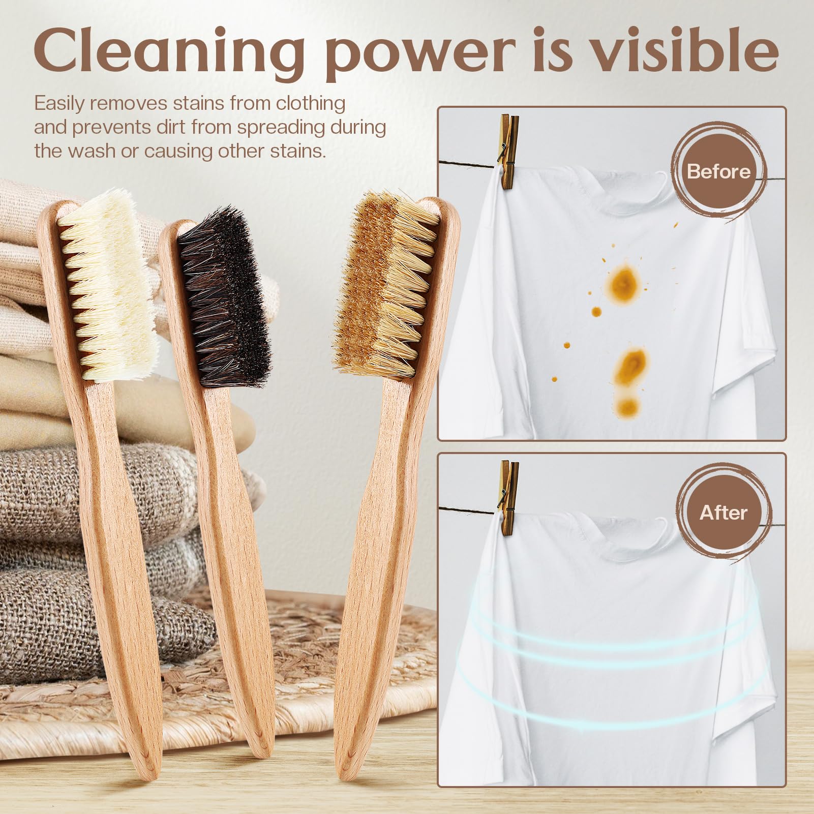 3 cepillos de madera para quitar manchas de lavandería con cerdas de jabalí, cepillo pequeño para ropa para frotar manchas de muebles, tela y cuero (3 piezas C)